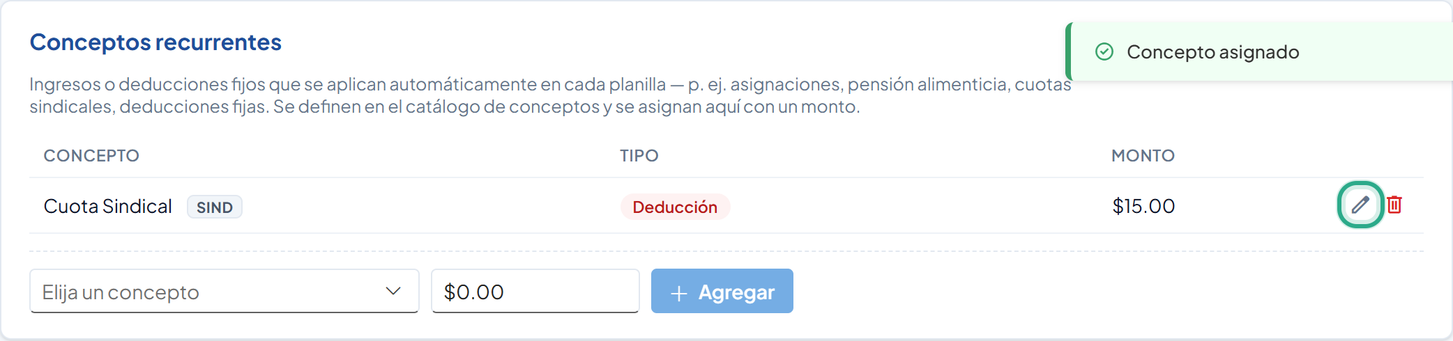 Ícono de lápiz resaltado en la fila Cuota Sindical
