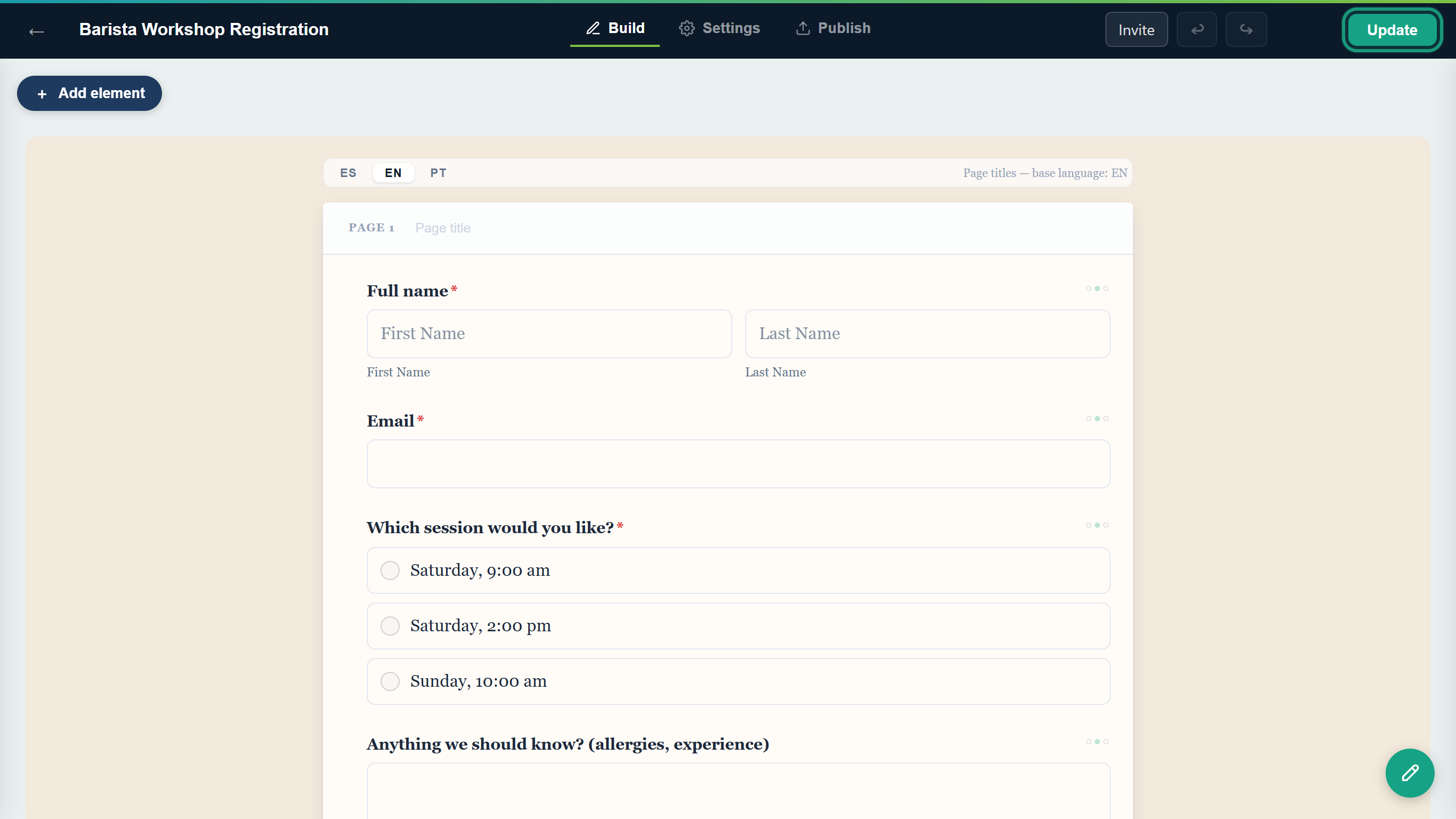 The builder with the new cream and brown theme on the canvas and the Update button outlined