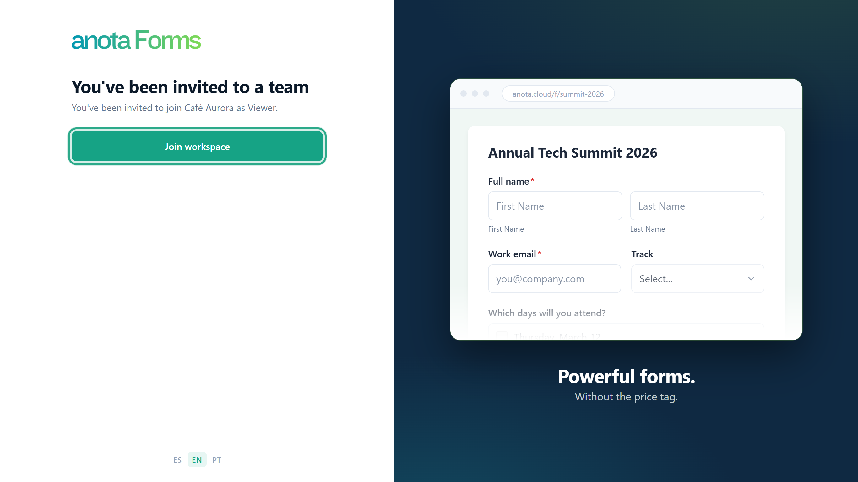 The invitation page for Ana Torres, logged in, with the Join workspace button outlined