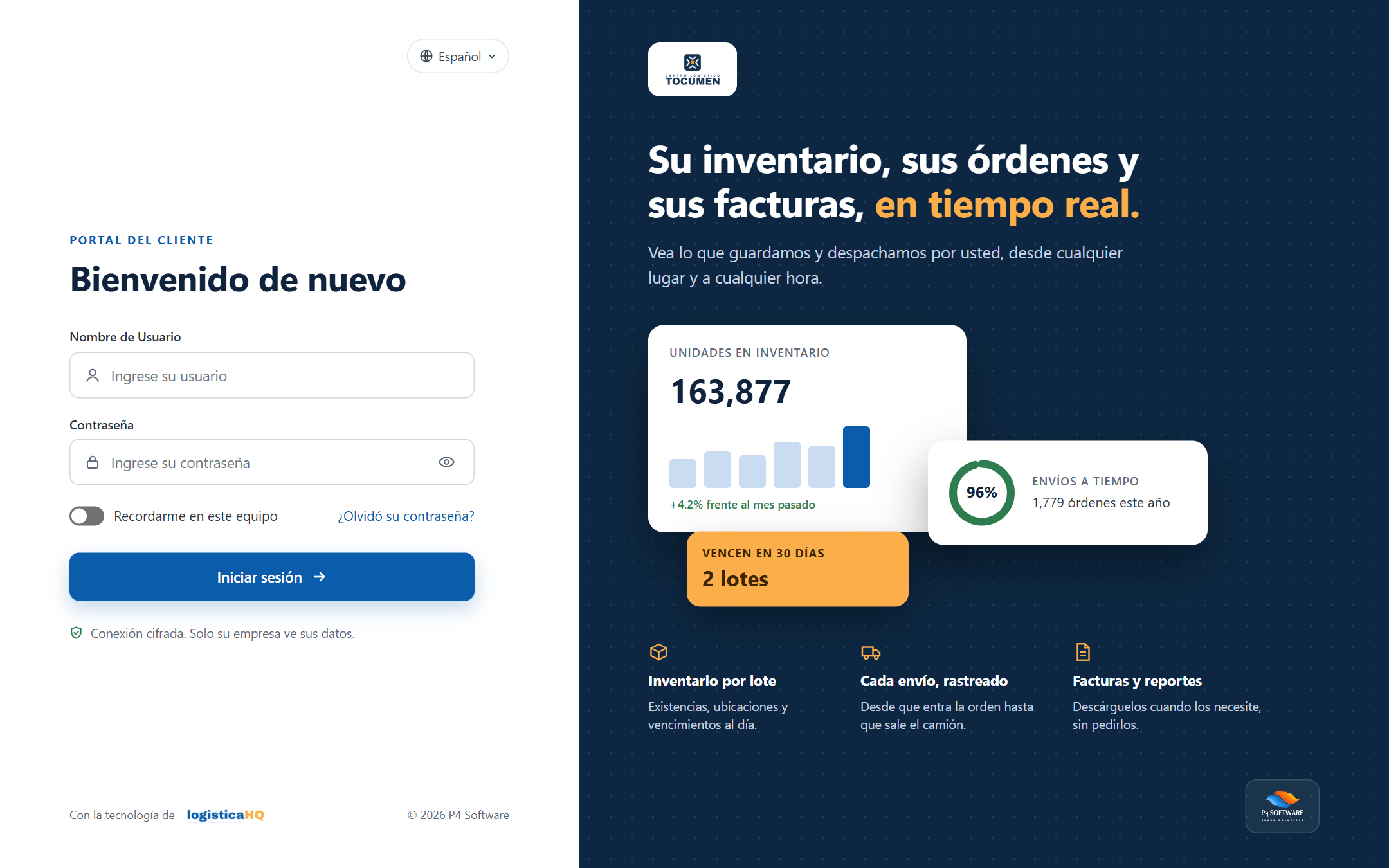 La página de inicio de sesión con el formulario a la izquierda y el logotipo del almacén a la derecha