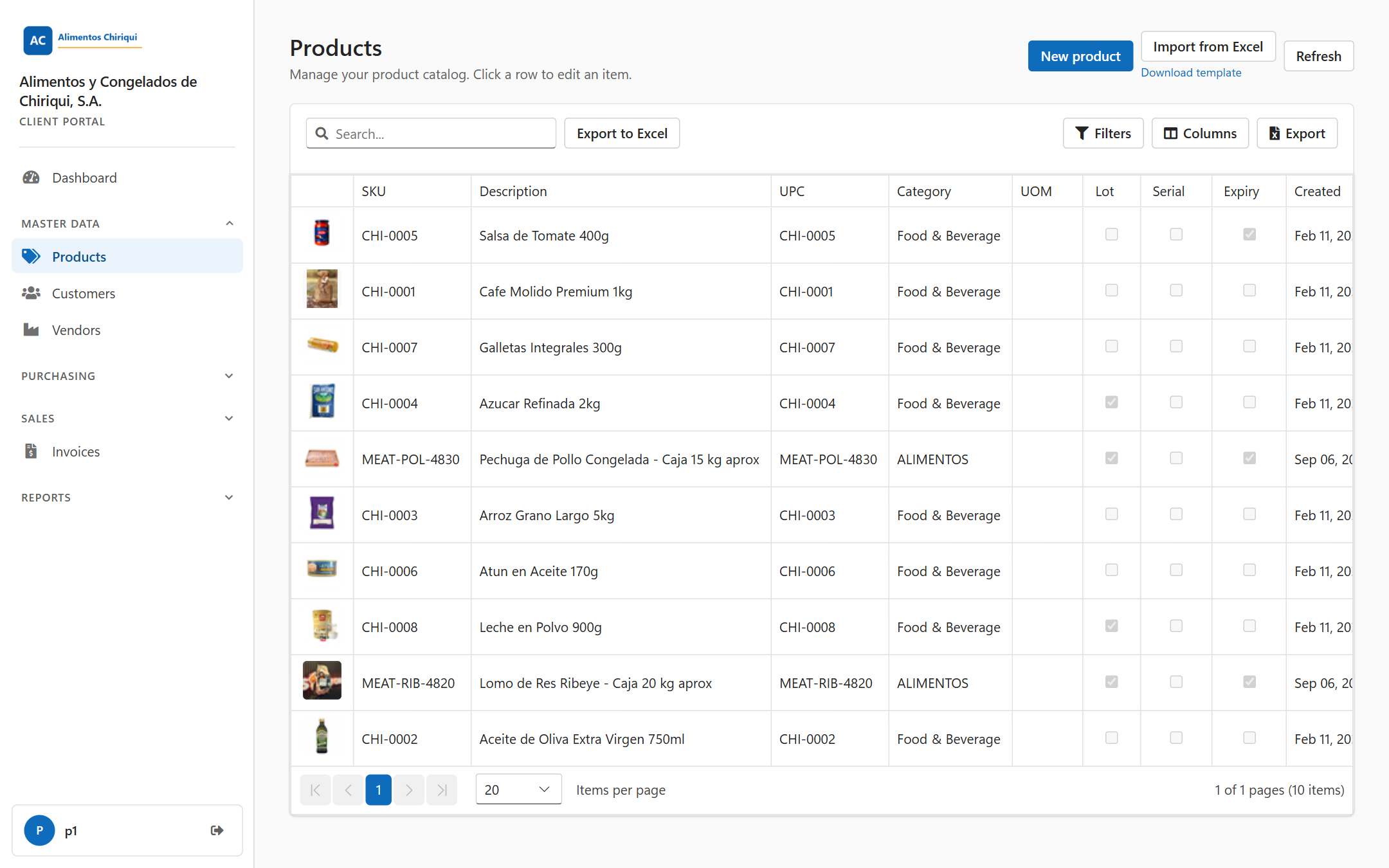 The Products list with the New product and Import from Excel buttons and the grid of products