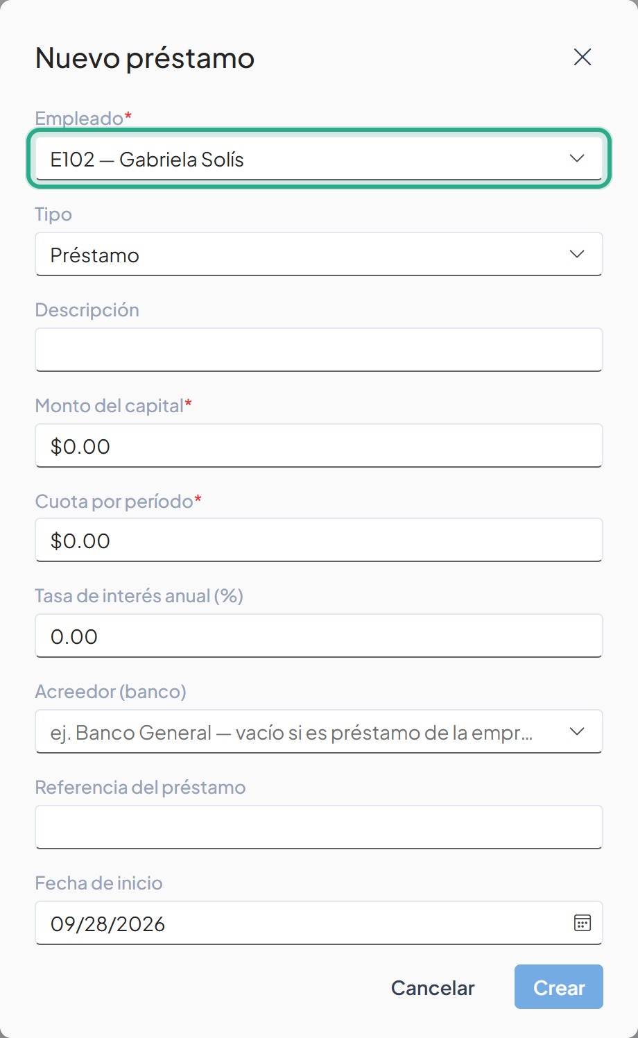 Cuadro Nuevo préstamo con el campo Empleado resaltado