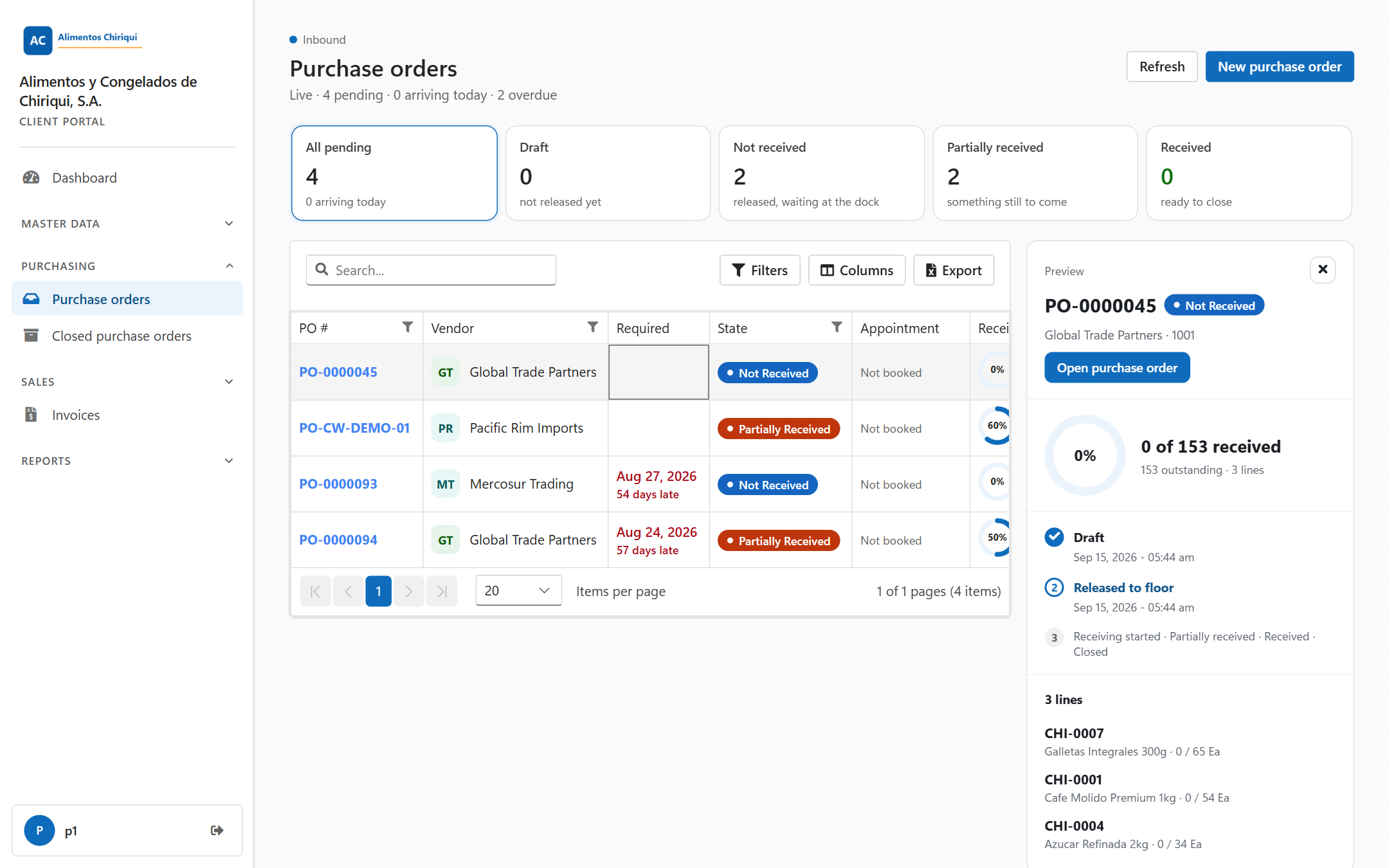 The Purchase orders list with the preview panel open on the right