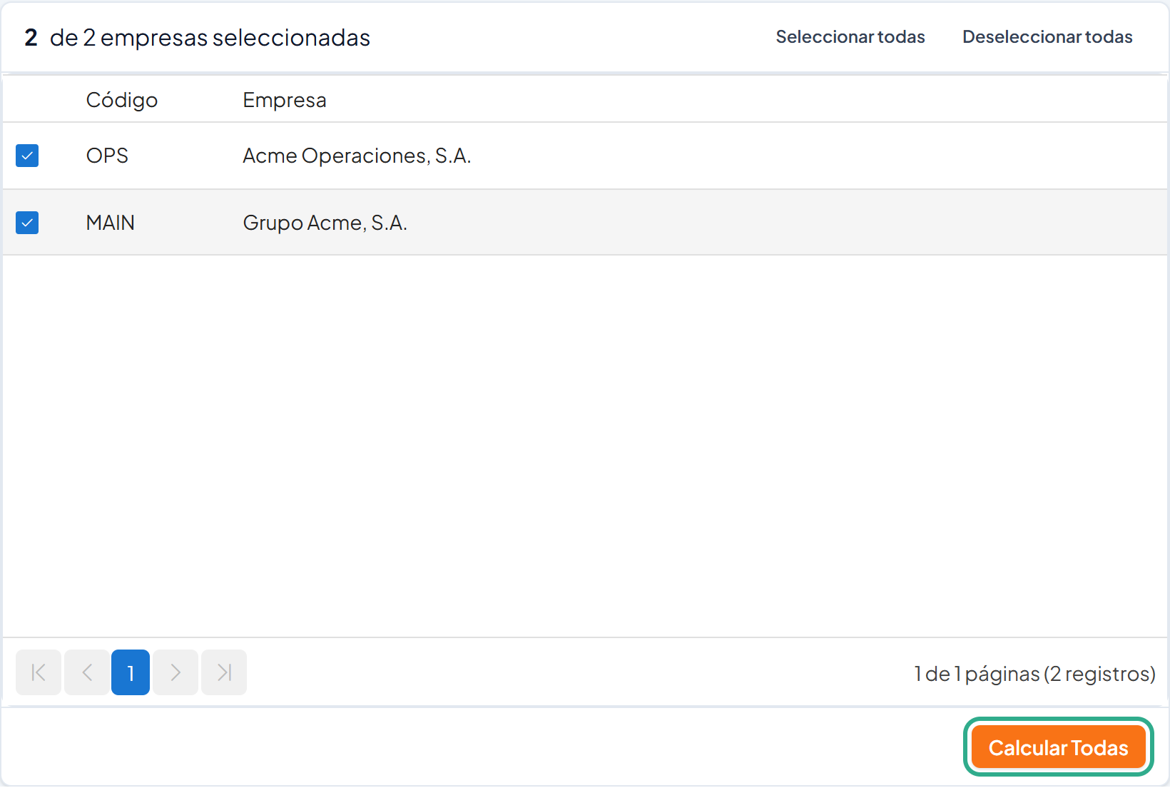 Botón Calcular Todas resaltado al pie de la lista de empresas