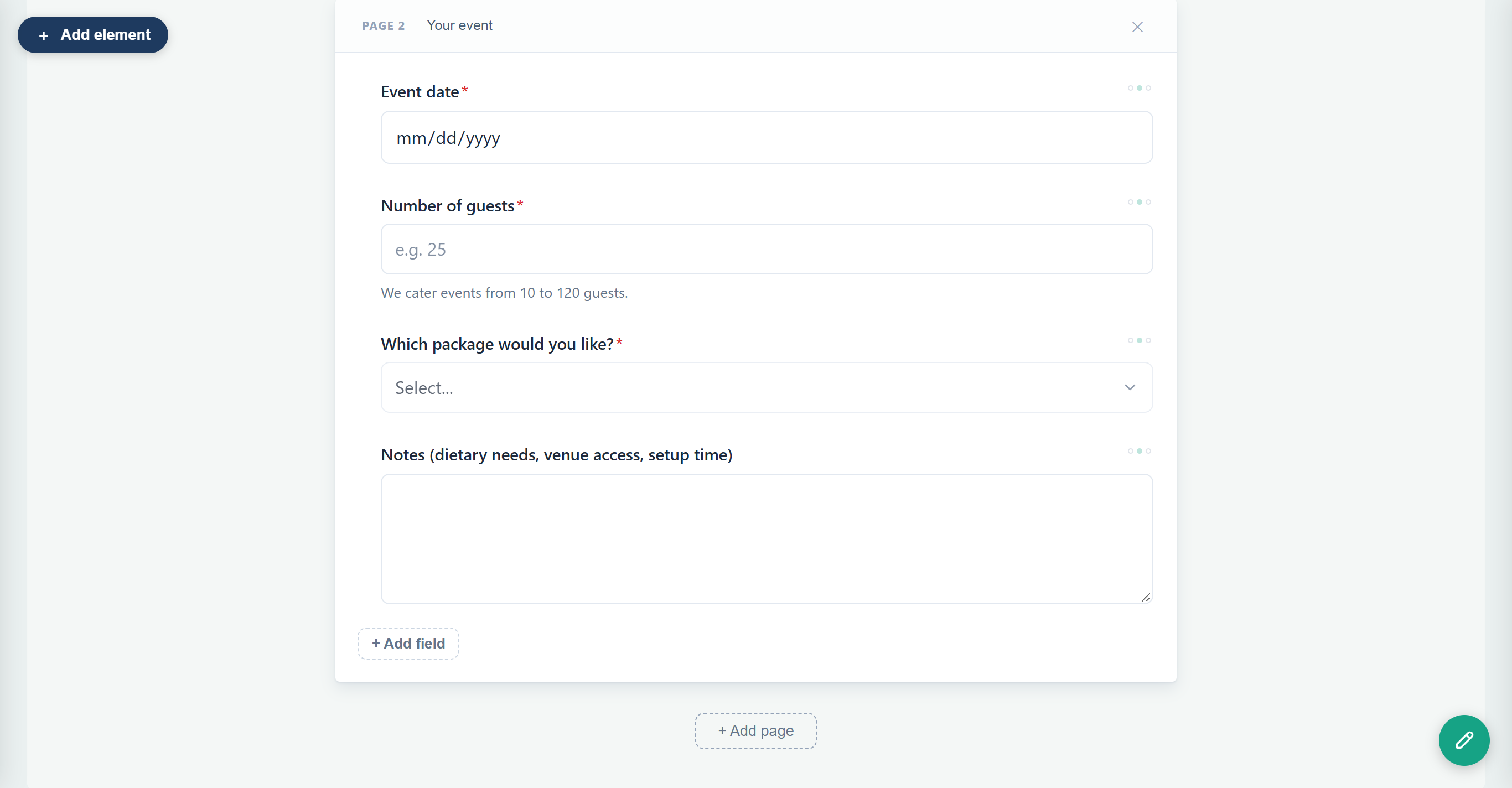 Page 2 · Your event with Event date, Number of guests, the package dropdown and the notes field