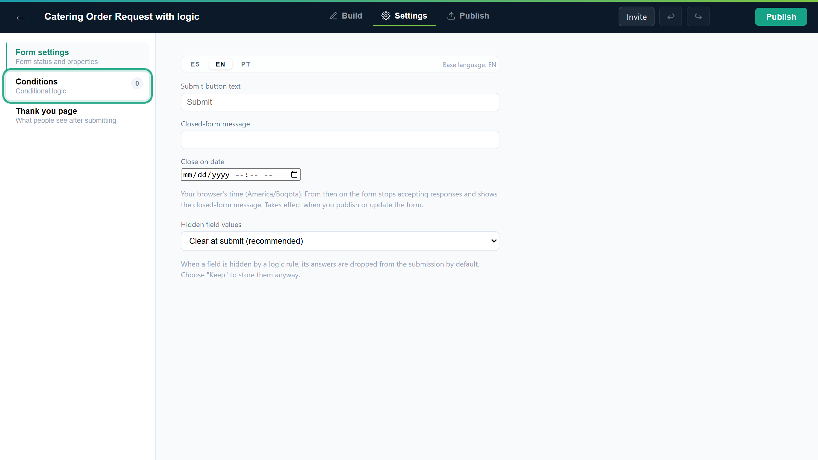 The Settings tab with the Conditions item, showing 0 rules, outlined on the left