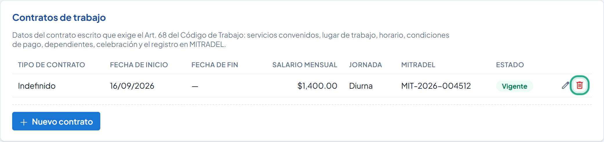 Ícono de papelera (Eliminar) resaltado en la fila del contrato