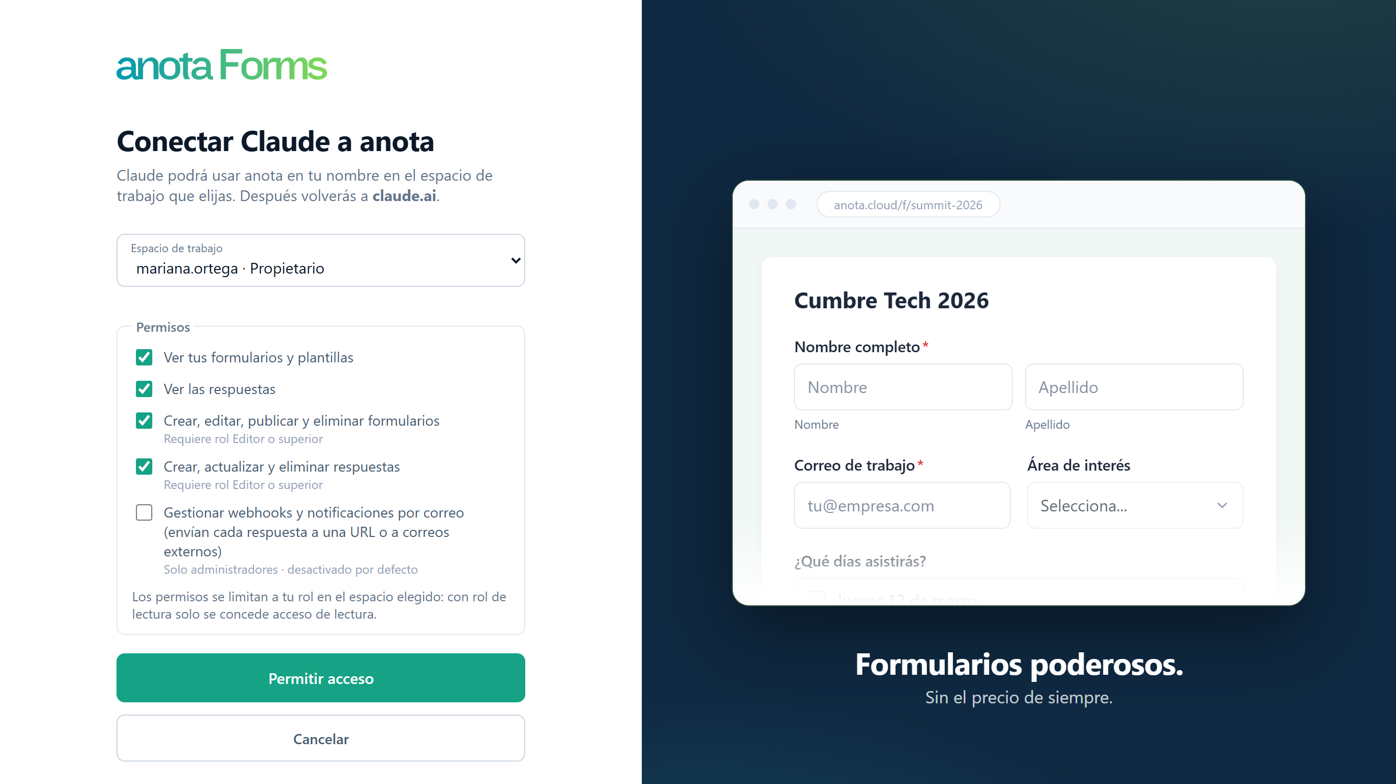 Pantalla Conectar Claude a anota con el selector de espacio de trabajo, los permisos marcados y el botón Permitir acceso