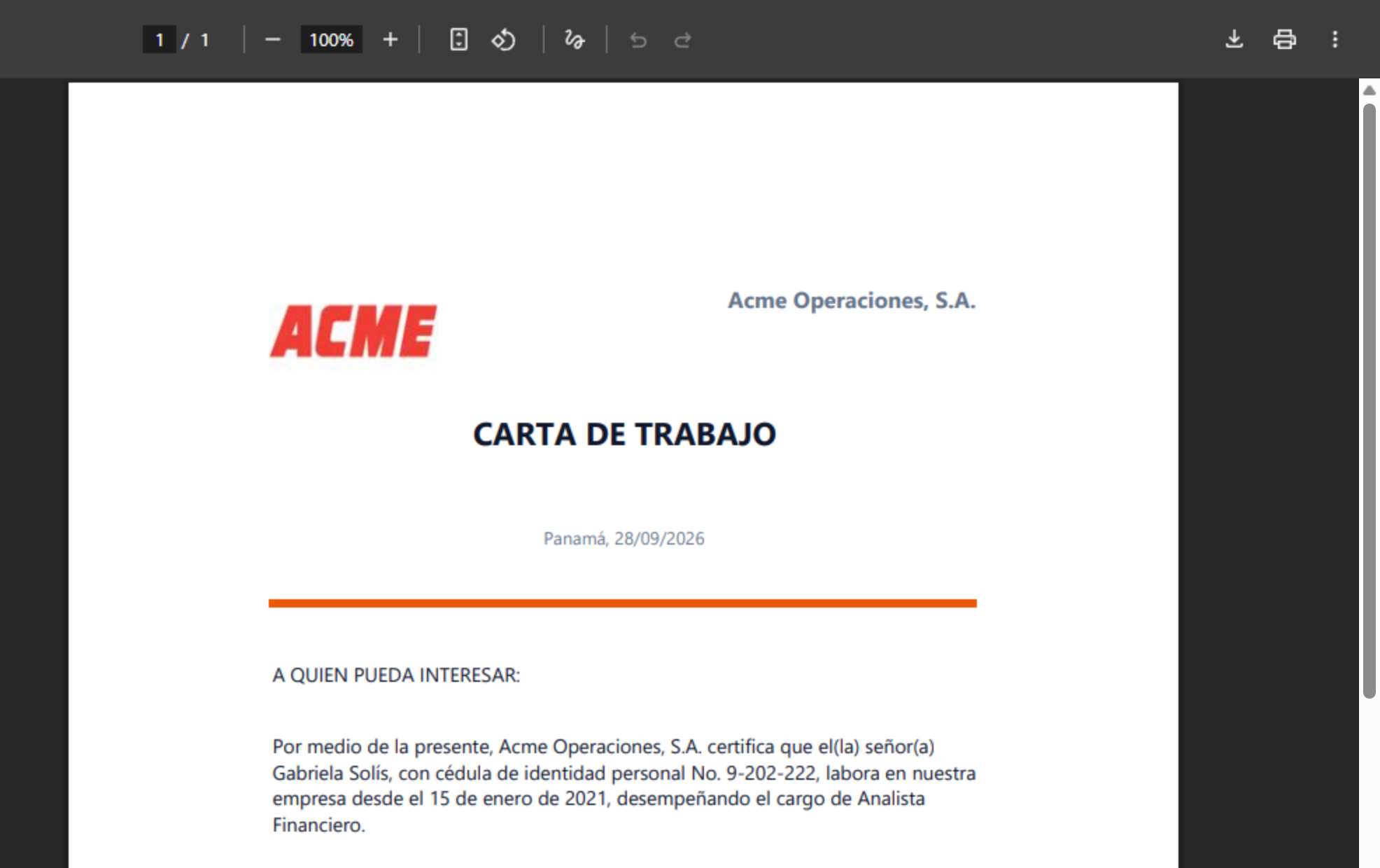 Carta de Trabajo de Gabriela Solís emitida por Acme Operaciones, S.A.