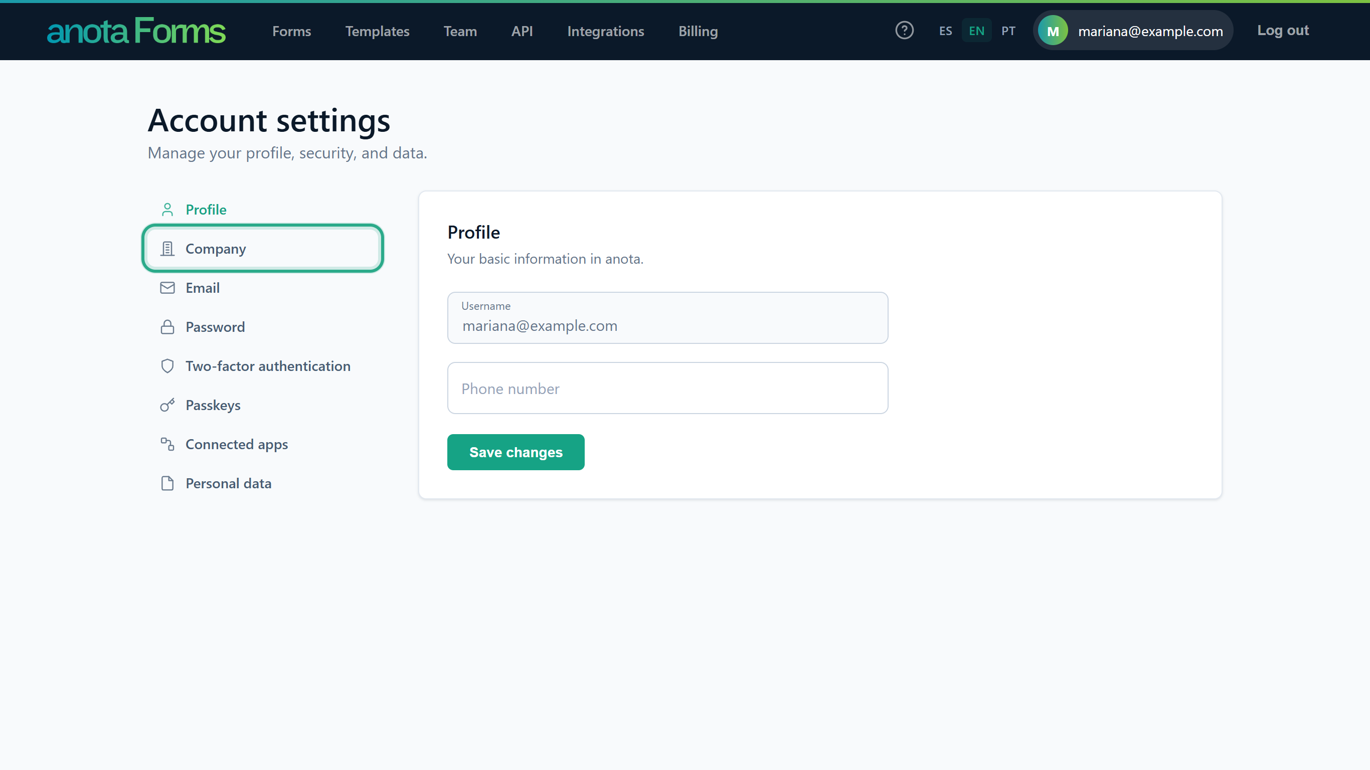 The Account settings page with Company outlined in the menu on the left, under Profile