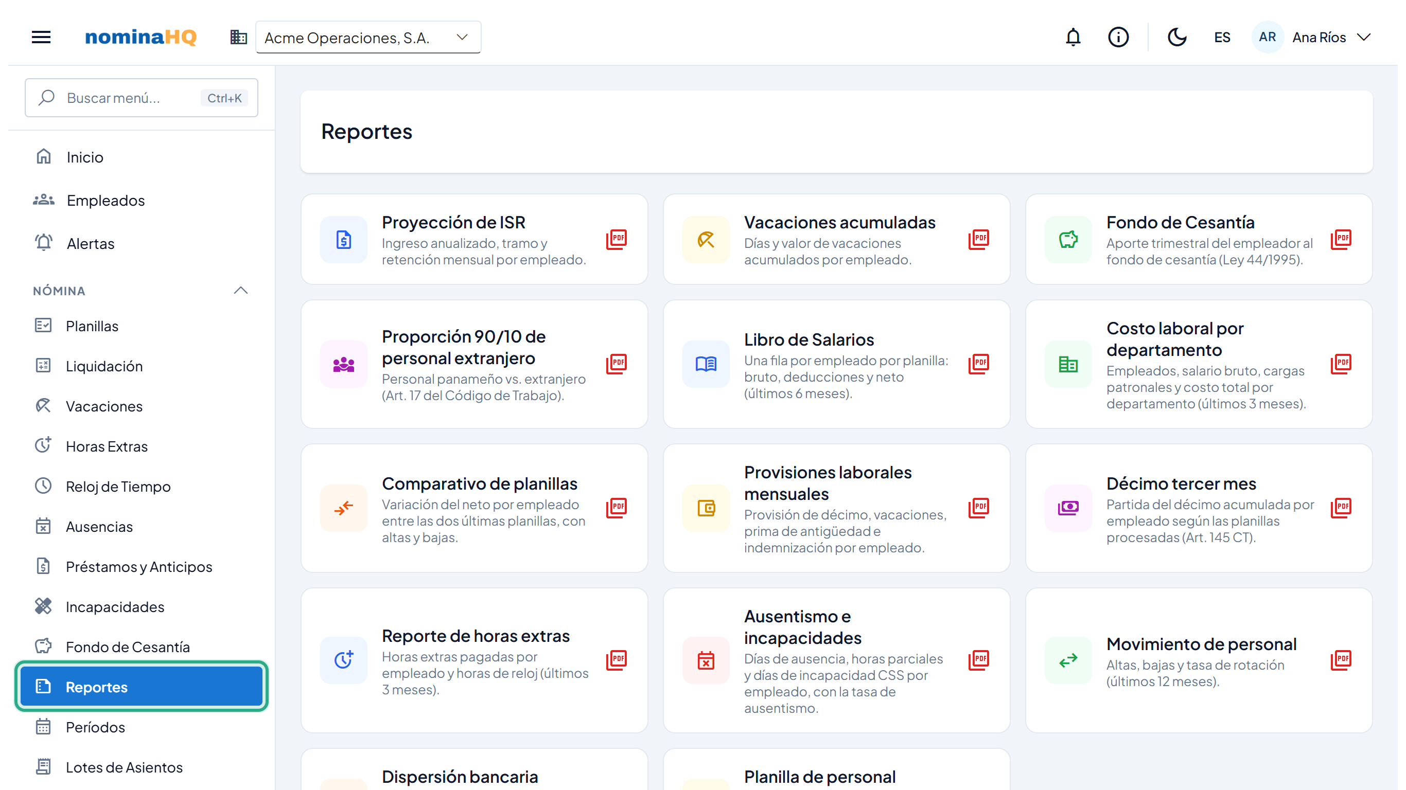 Pantalla Reportes con el elemento Reportes del menú Nómina resaltado