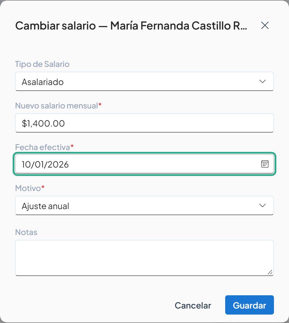 Campo Fecha efectiva resaltado con 10/01/2026