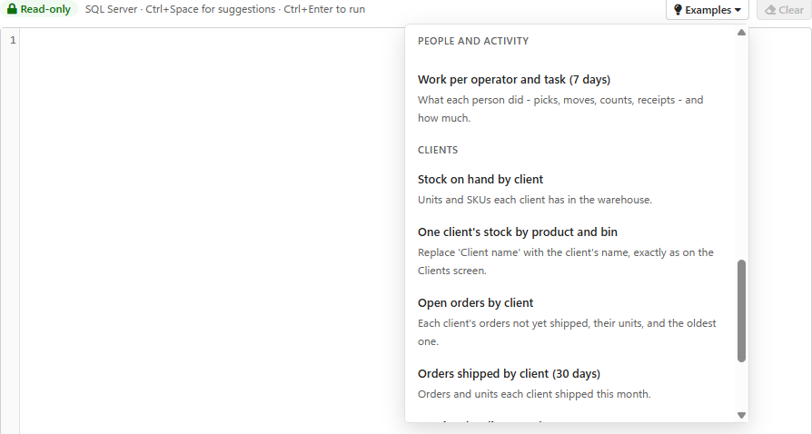 The Examples menu open at the Clients group: Stock on hand by client, One client's stock by product and bin, Open orders by client, Orders shipped by client