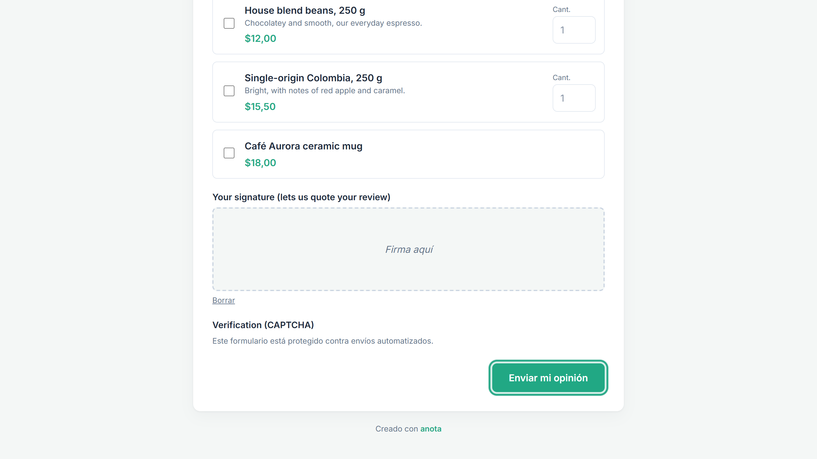 The end of the public form in Spanish, with the Enviar mi opinión button outlined