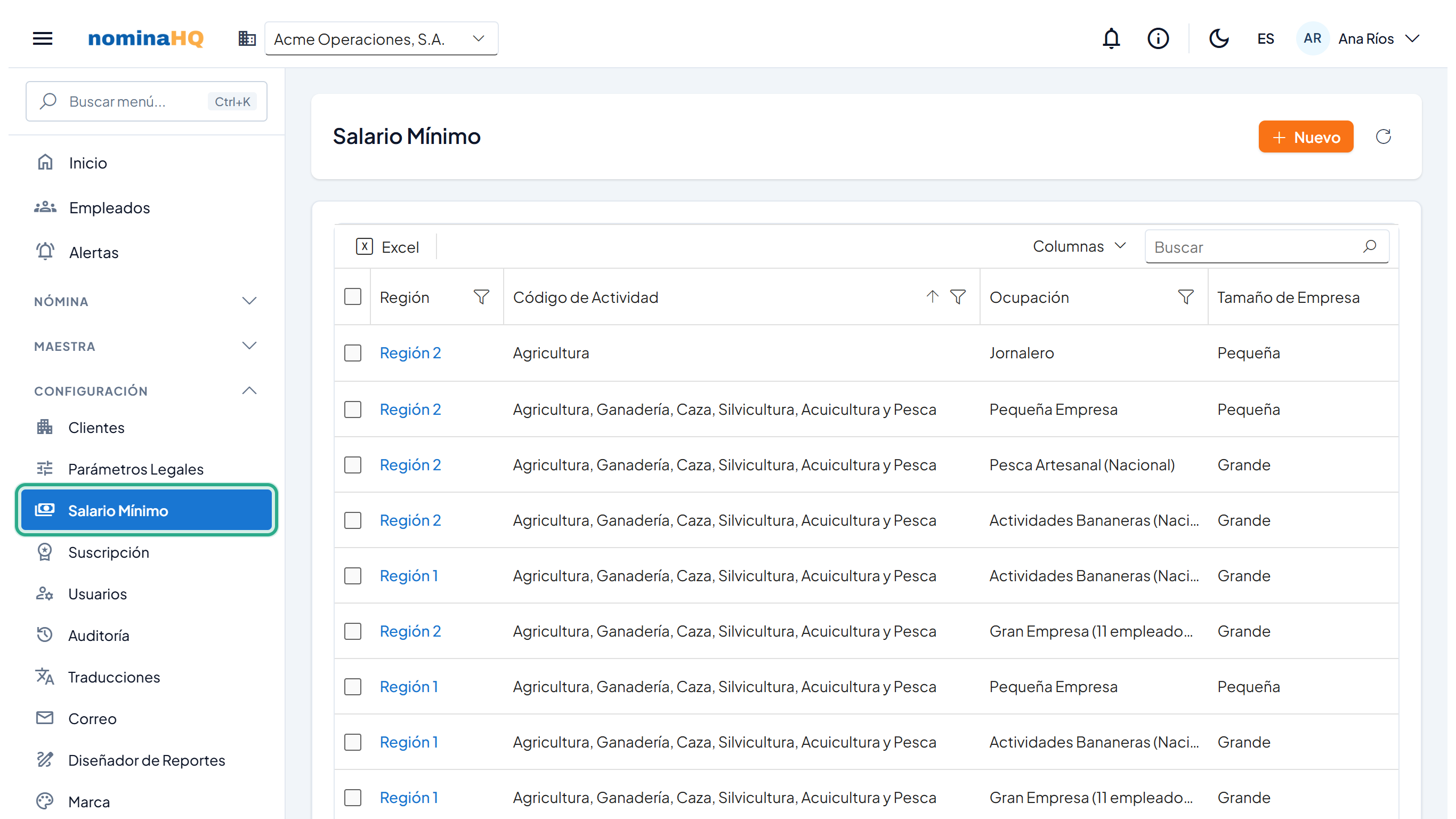 Pantalla Salario Mínimo con la matriz de tarifas y el menú Configuración → Salario Mínimo resaltado