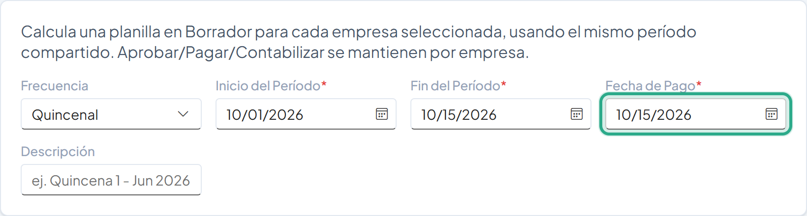 Campo Fecha de Pago resaltado con la fecha 10/15/2026