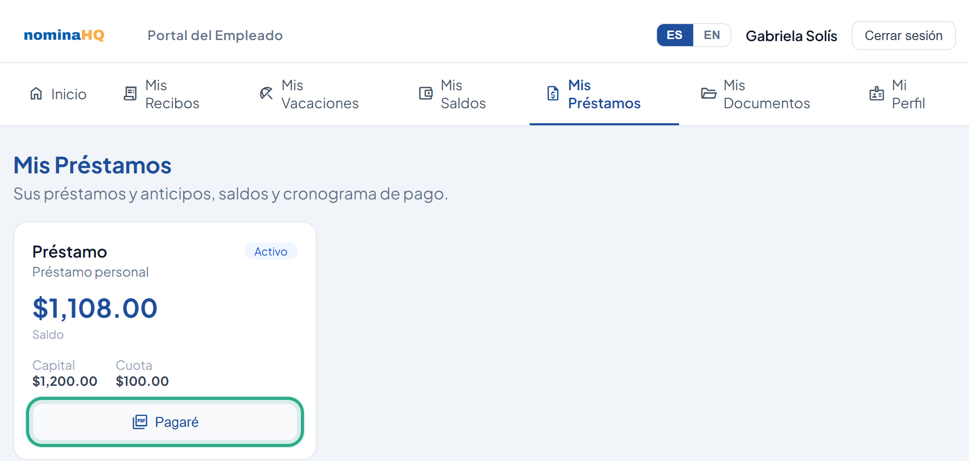 Pantalla Mis Préstamos con la tarjeta Préstamo personal, estado Activo, saldo, capital y cuota, y el botón Pagaré resaltado