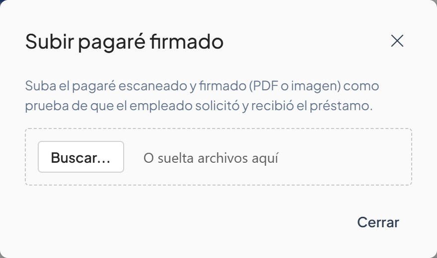 Ventana Subir pagaré firmado con la zona para soltar archivos