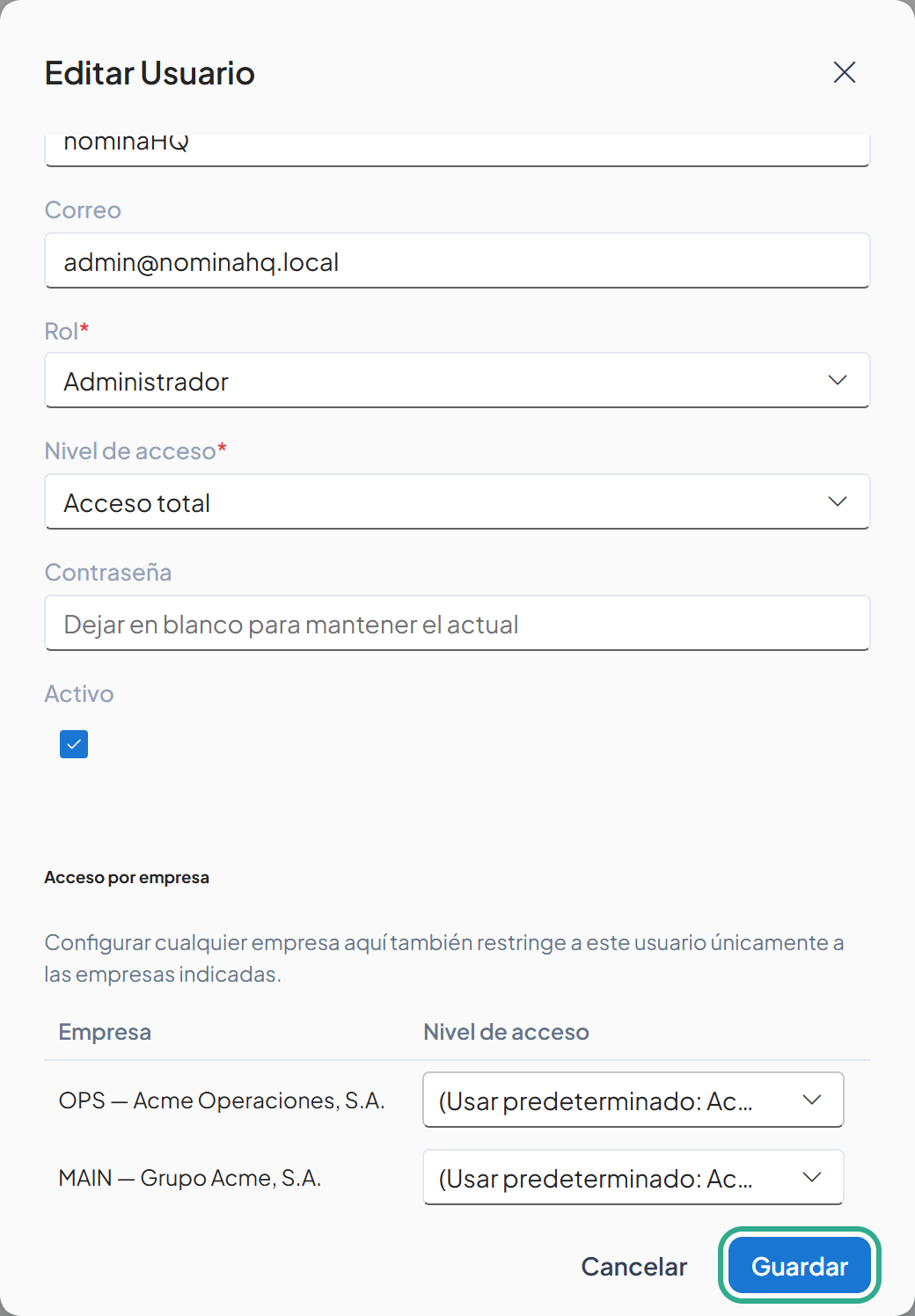 Cuadro Editar Usuario con el botón Guardar resaltado