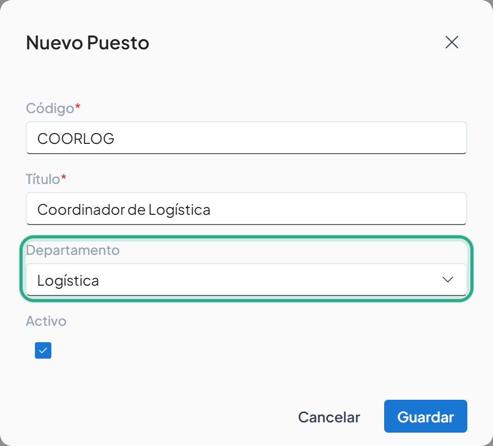 Campo Departamento resaltado con el valor Logística