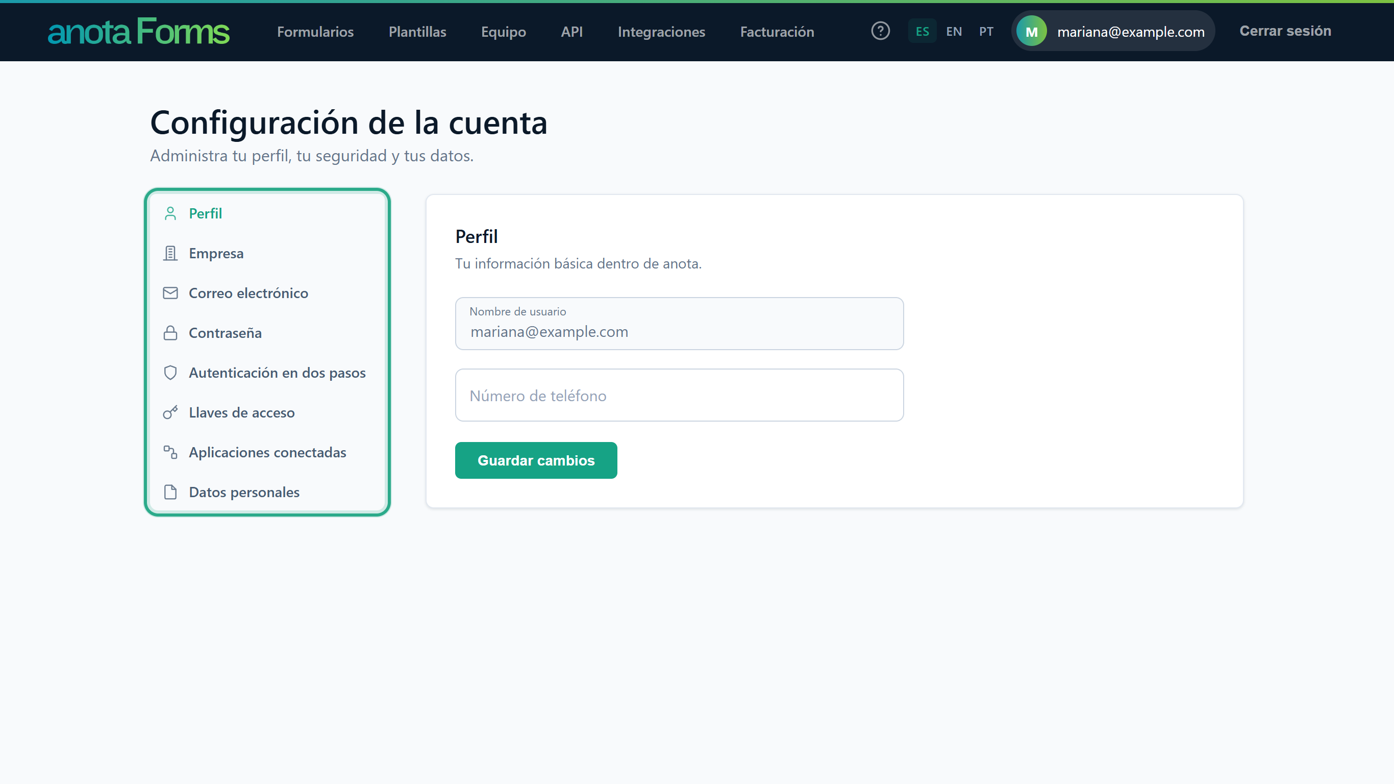 La página Configuración de la cuenta, Administra tu perfil, tu seguridad y tus datos, con el menú de la cuenta de la izquierda resaltado y la tarjeta Perfil con Nombre de usuario y Número de teléfono