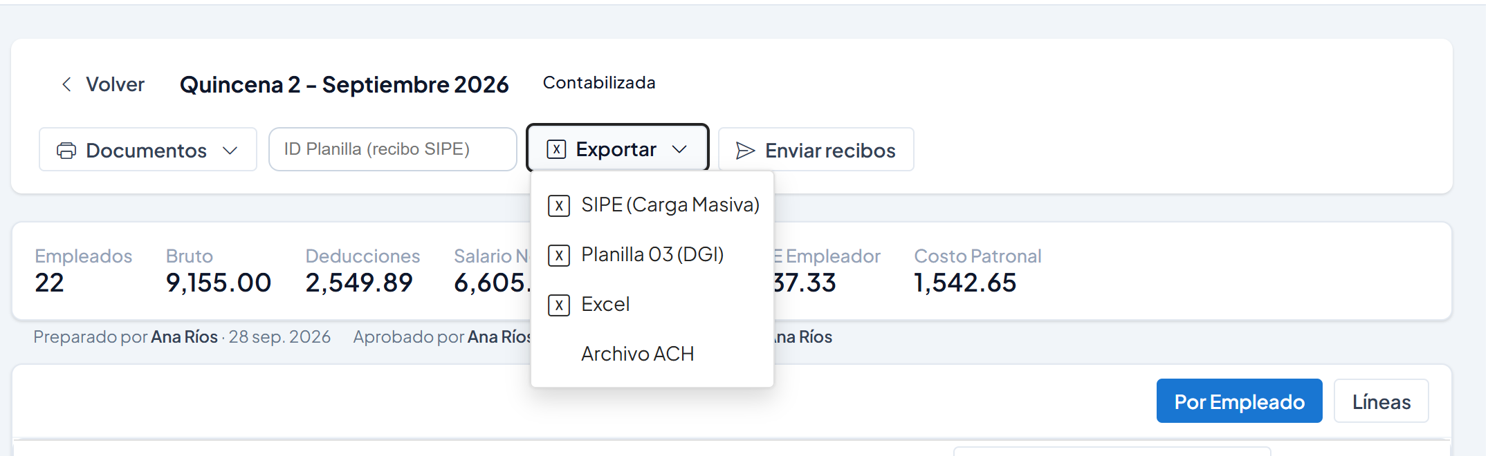 Detalle de una planilla con el menú Exportar abierto: SIPE (Carga Masiva), Planilla 03 (DGI), Excel y Archivo ACH