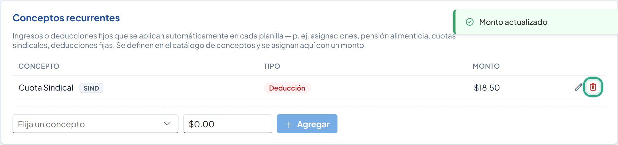 Ícono de papelera resaltado en la fila Cuota Sindical