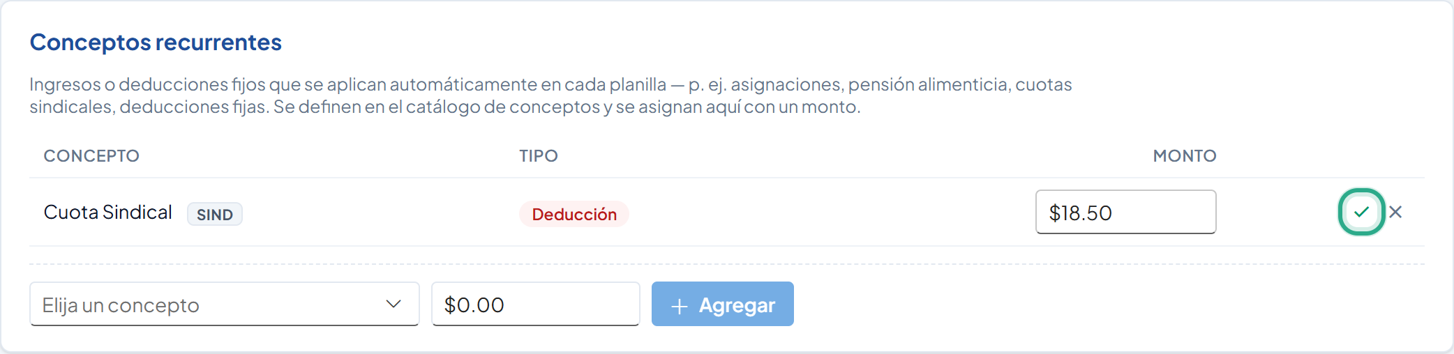 Fila en edición con el monto $18.50 y el ícono de visto resaltado