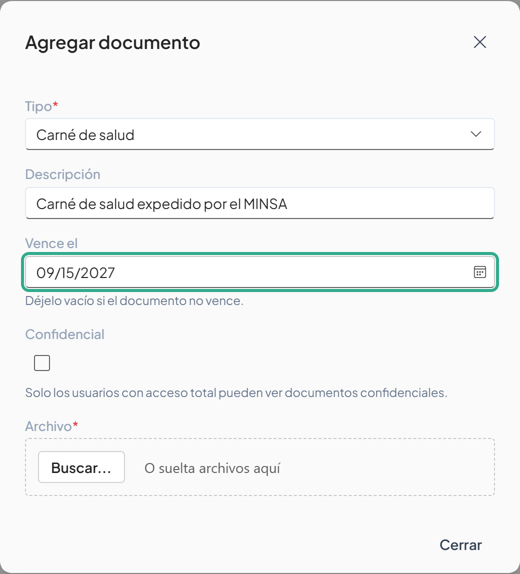 Campo Vence el resaltado con la fecha 09/15/2027