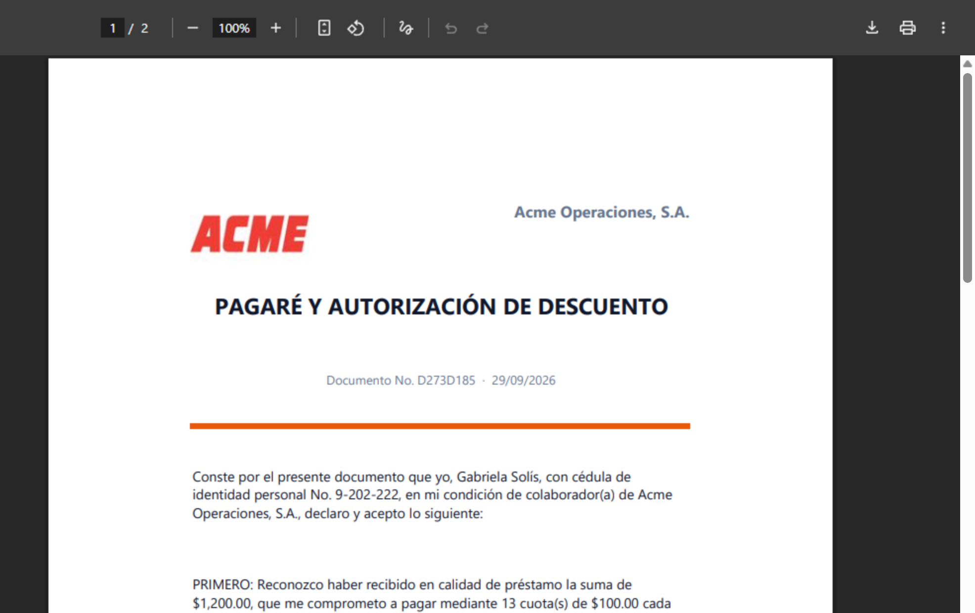 Pagaré y autorización de descuento de Gabriela Solís con número de documento y fecha
