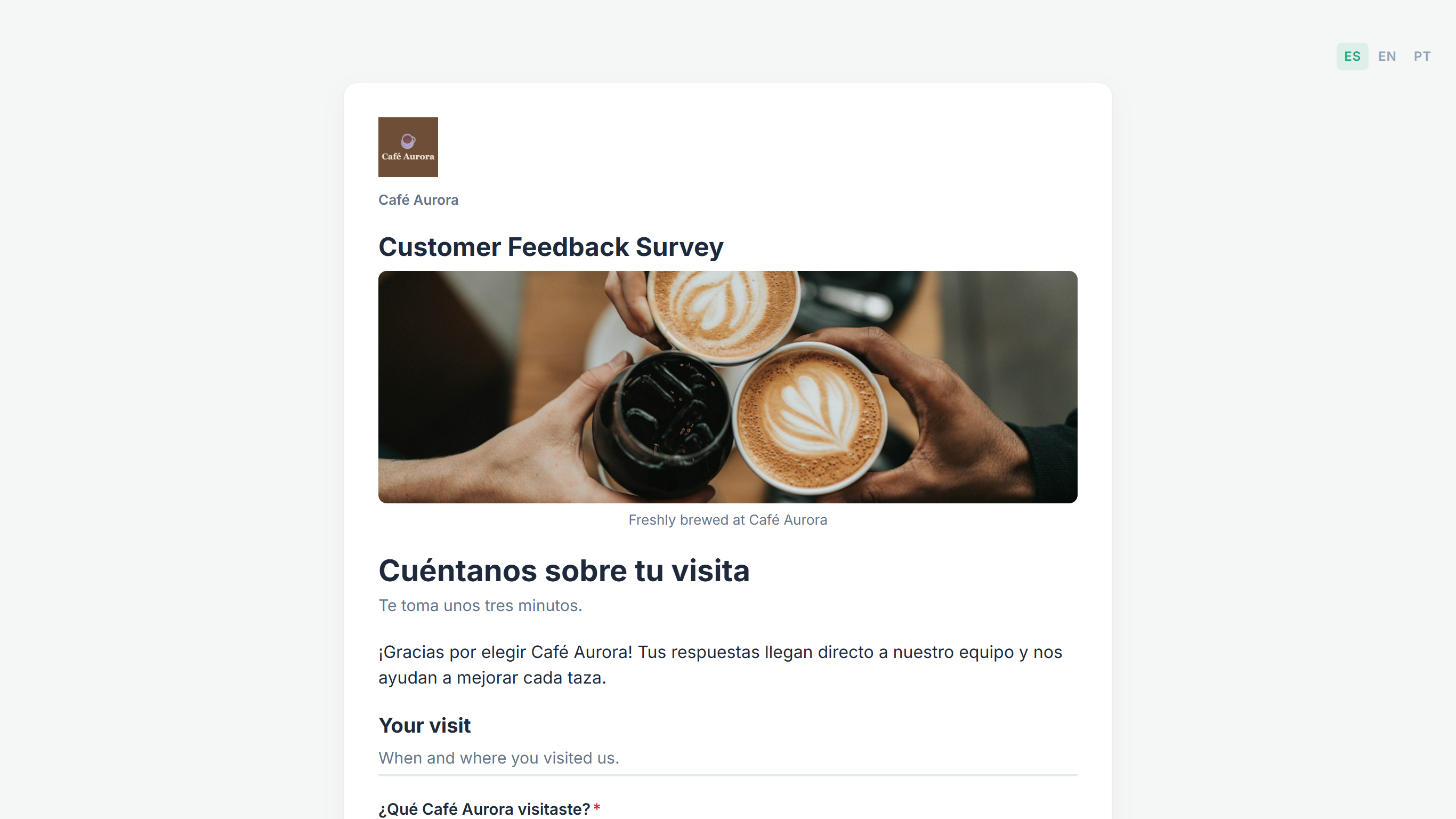 The public form after switching to ES: ES highlighted, the heading Cuéntanos sobre tu visita and the Spanish paragraph, with the form title still in English