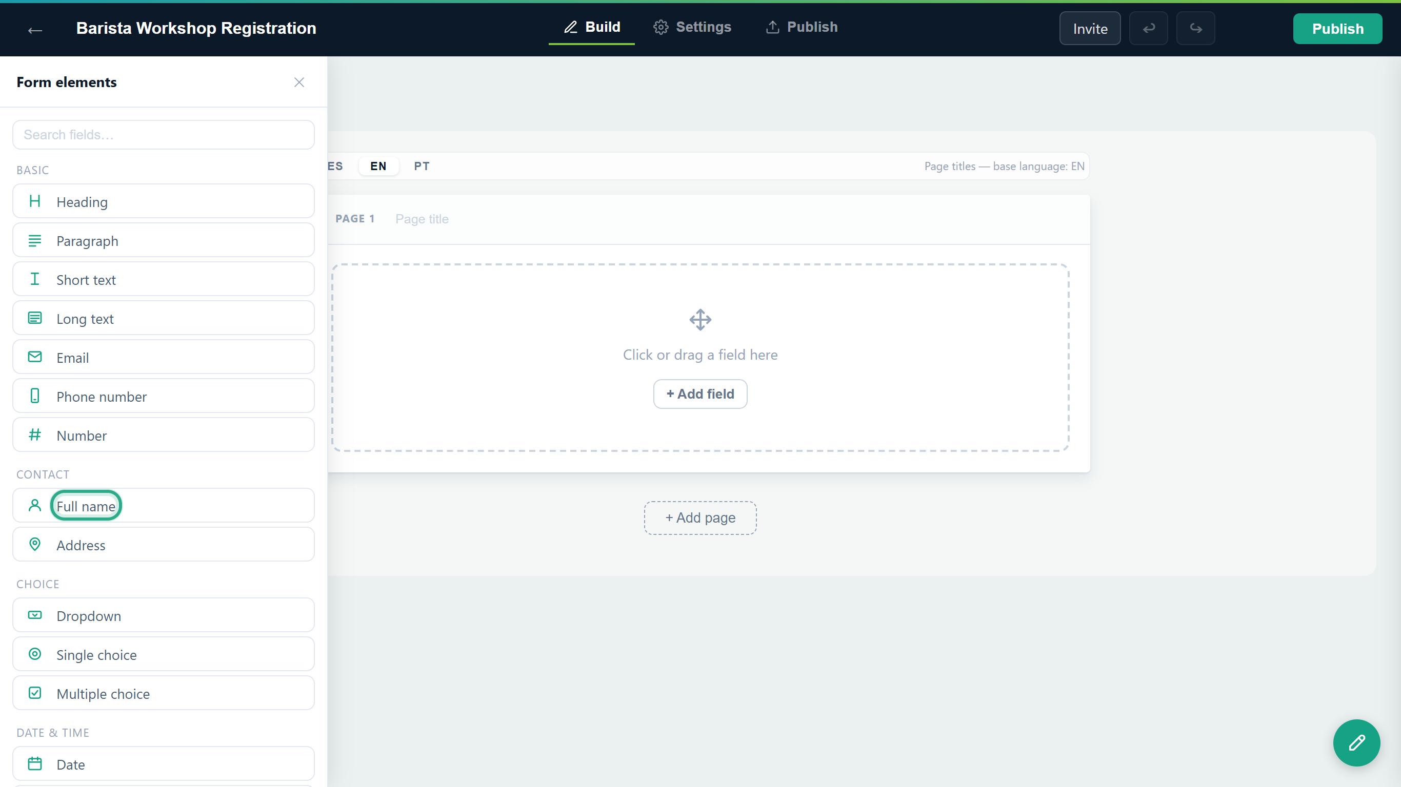 The Form elements panel open on the left with the Full name field outlined under Contact