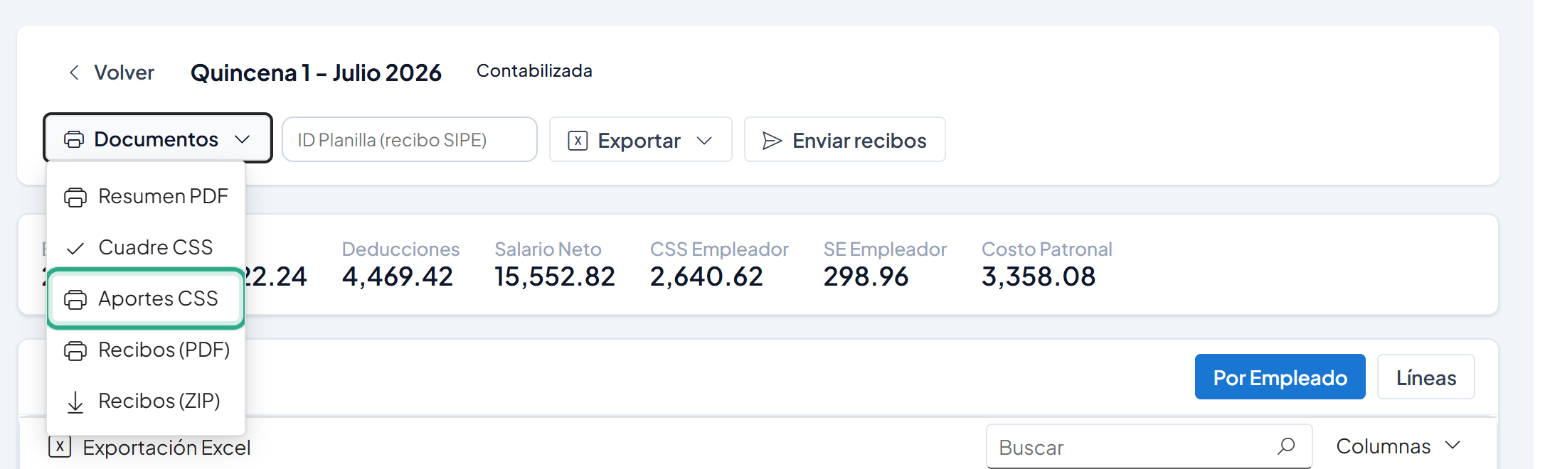 Menú Documentos abierto con la opción Aportes CSS resaltada