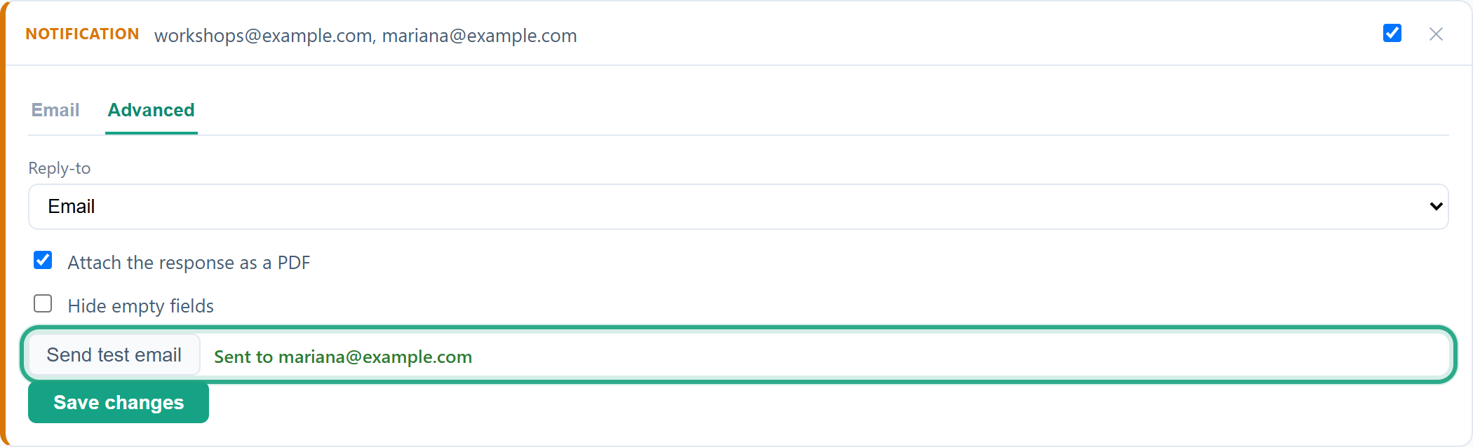Send test email with Sent to mariana@example.com next to it, outlined