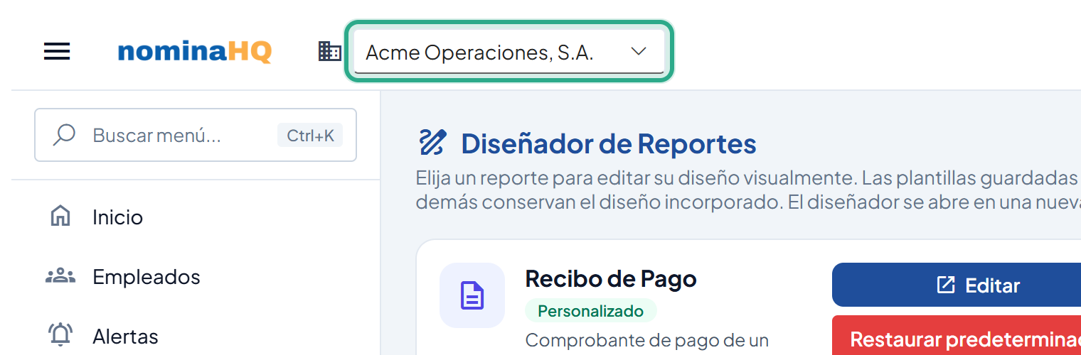 Selector de empresa de la barra superior resaltado
