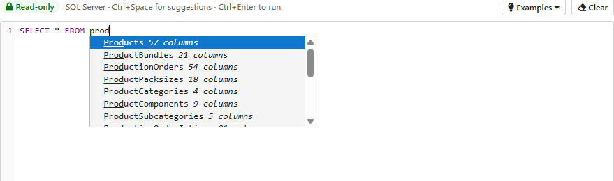 Typing SELECT * FROM prod suggests only tables: Products, ProductBundles, ProductionOrders, ProductPacksizes