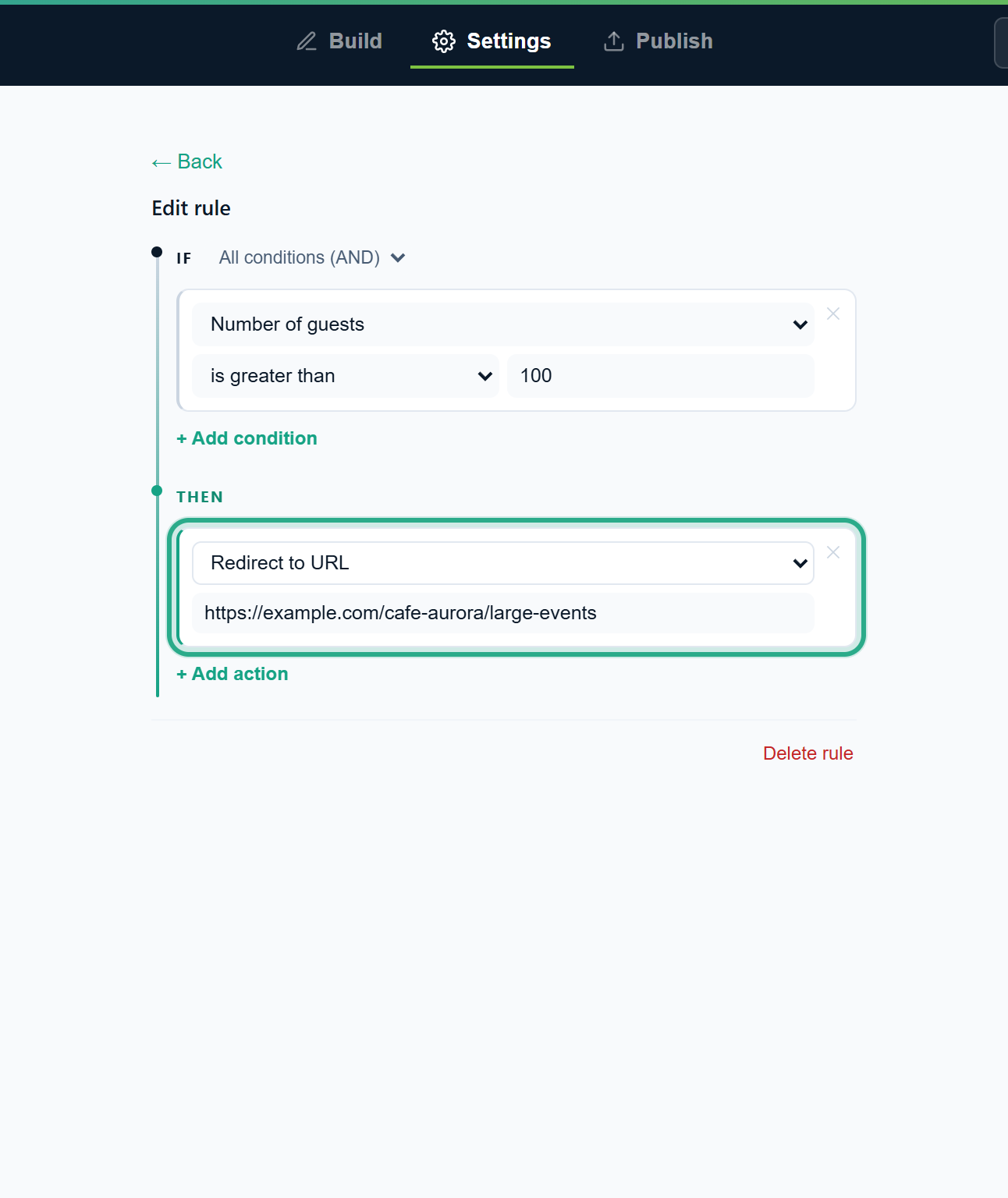 The action Redirect to URL with https://example.com/cafe-aurora/large-events, outlined