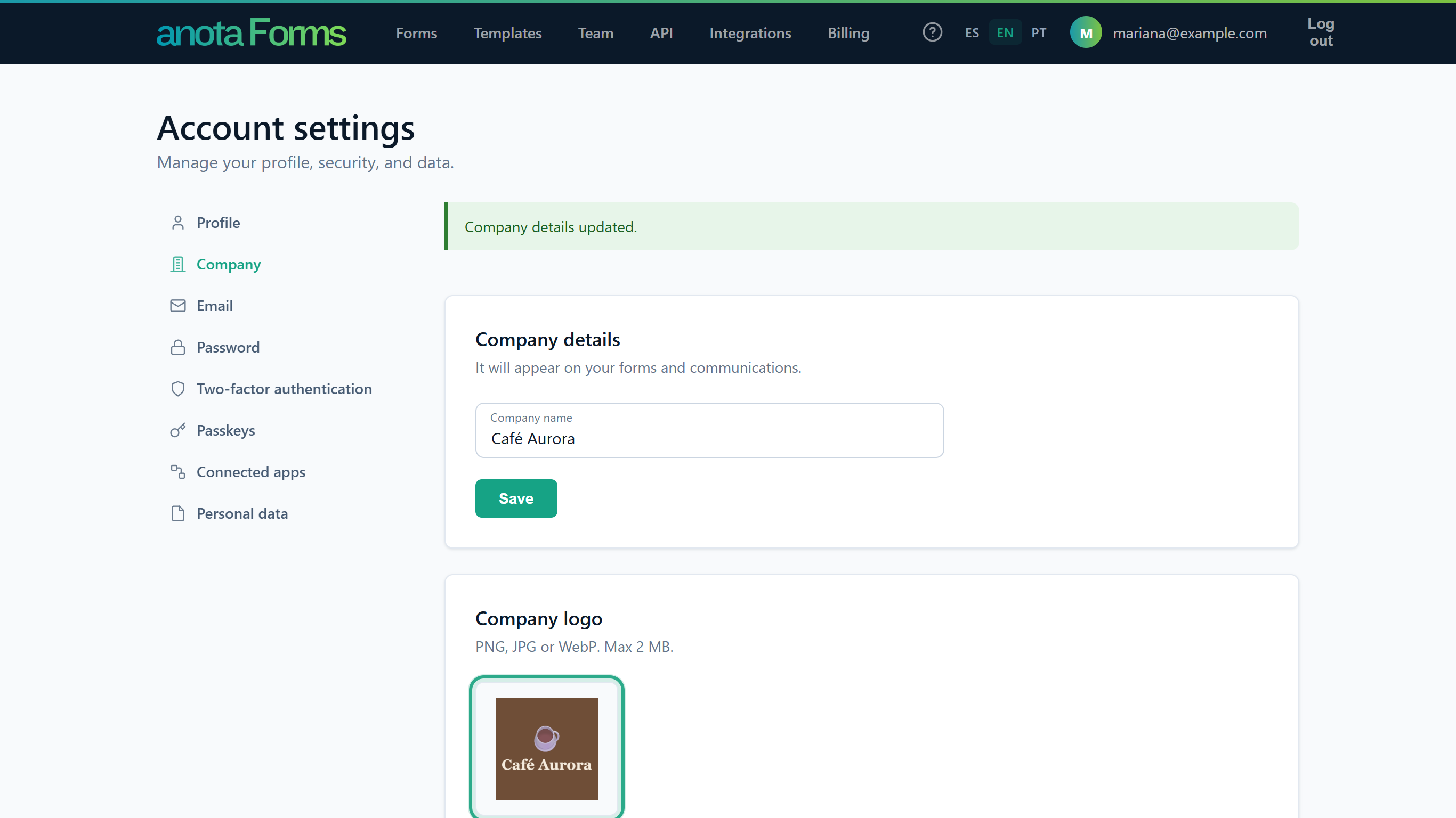 The Company page showing Logo updated and the uploaded Café Aurora logo, outlined