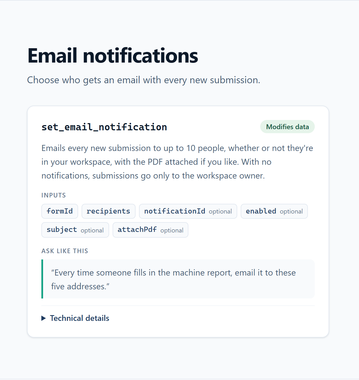 The set_email_notification card on the anota tools page for Claude, with its summary, its inputs (formId, recipients, and the optional notificationId, enabled, subject and attachPdf) and the example request