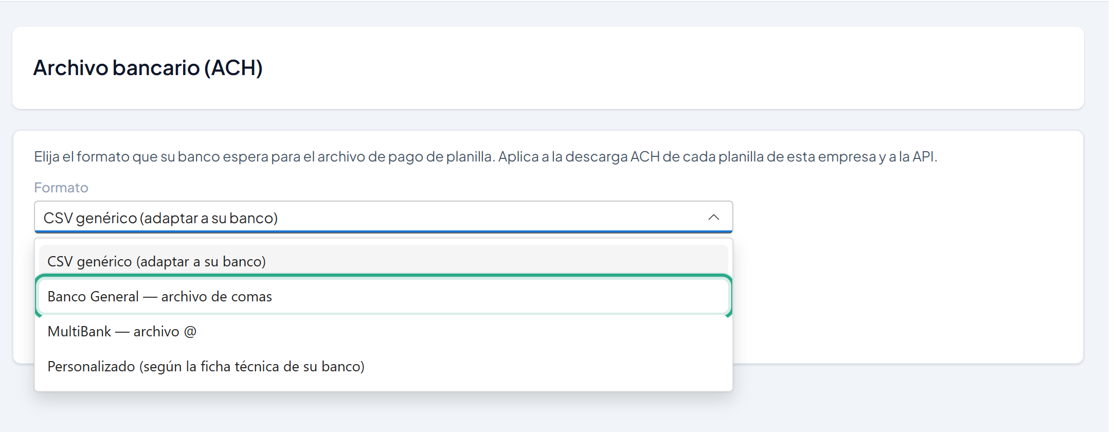 Lista Formato abierta con la opción Banco General — archivo de comas resaltada, junto a CSV genérico, MultiBank — archivo @ y Personalizado