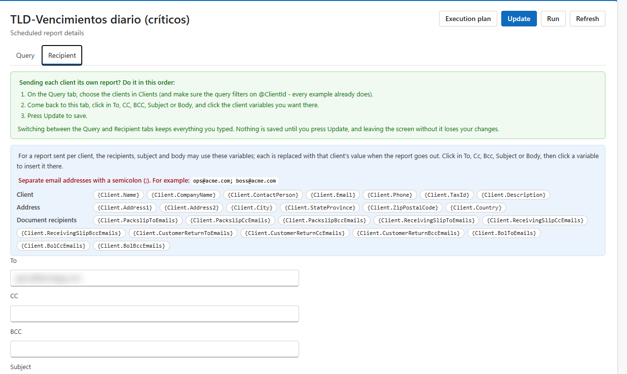 The Recipient tab: the green box with the three steps, the client variables grouped as Client, Address and Document recipients, the red rule on separating email addresses, and the To, CC and BCC boxes