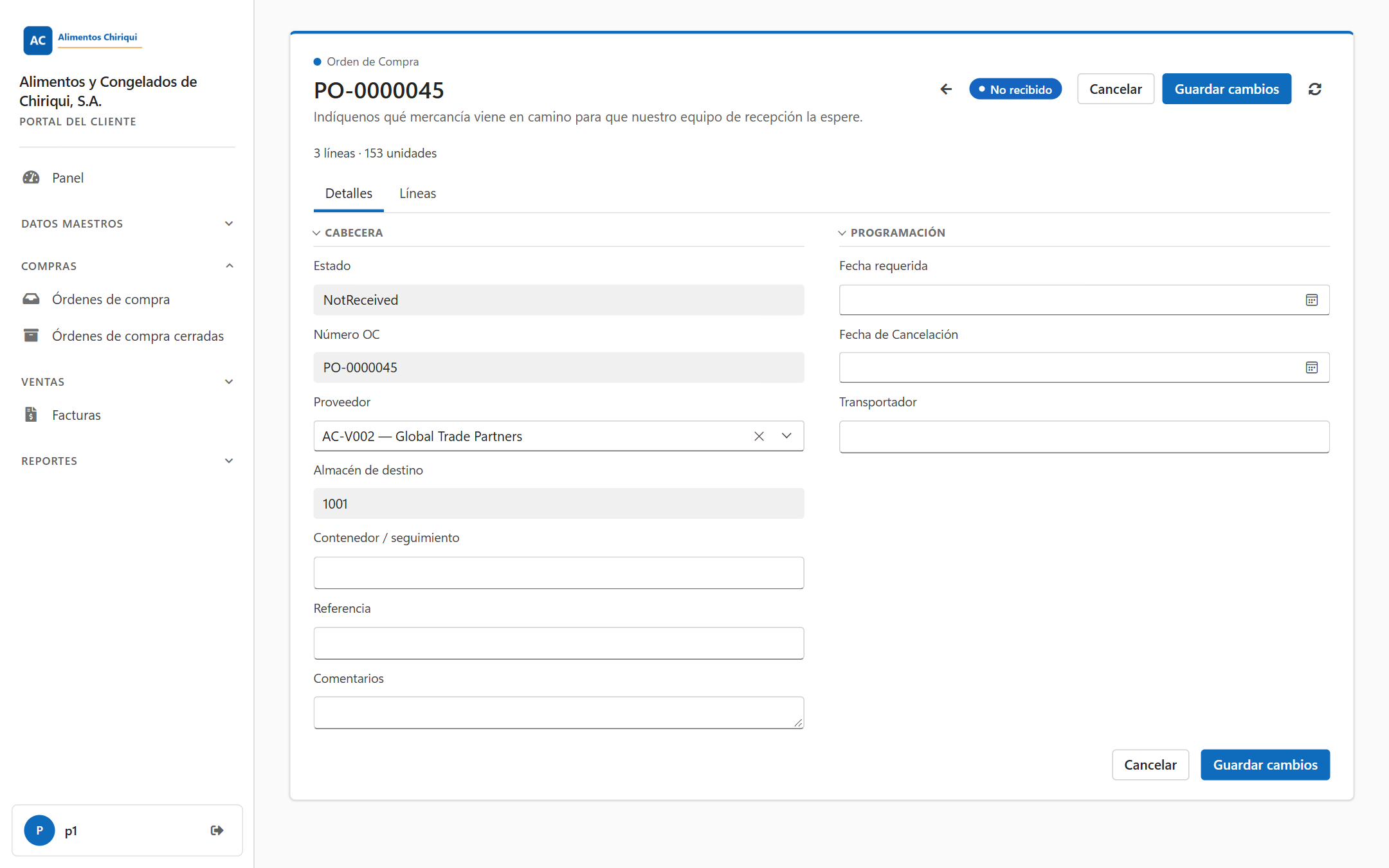 Una orden de compra No recibido abierta en el editor con el botón Guardar cambios