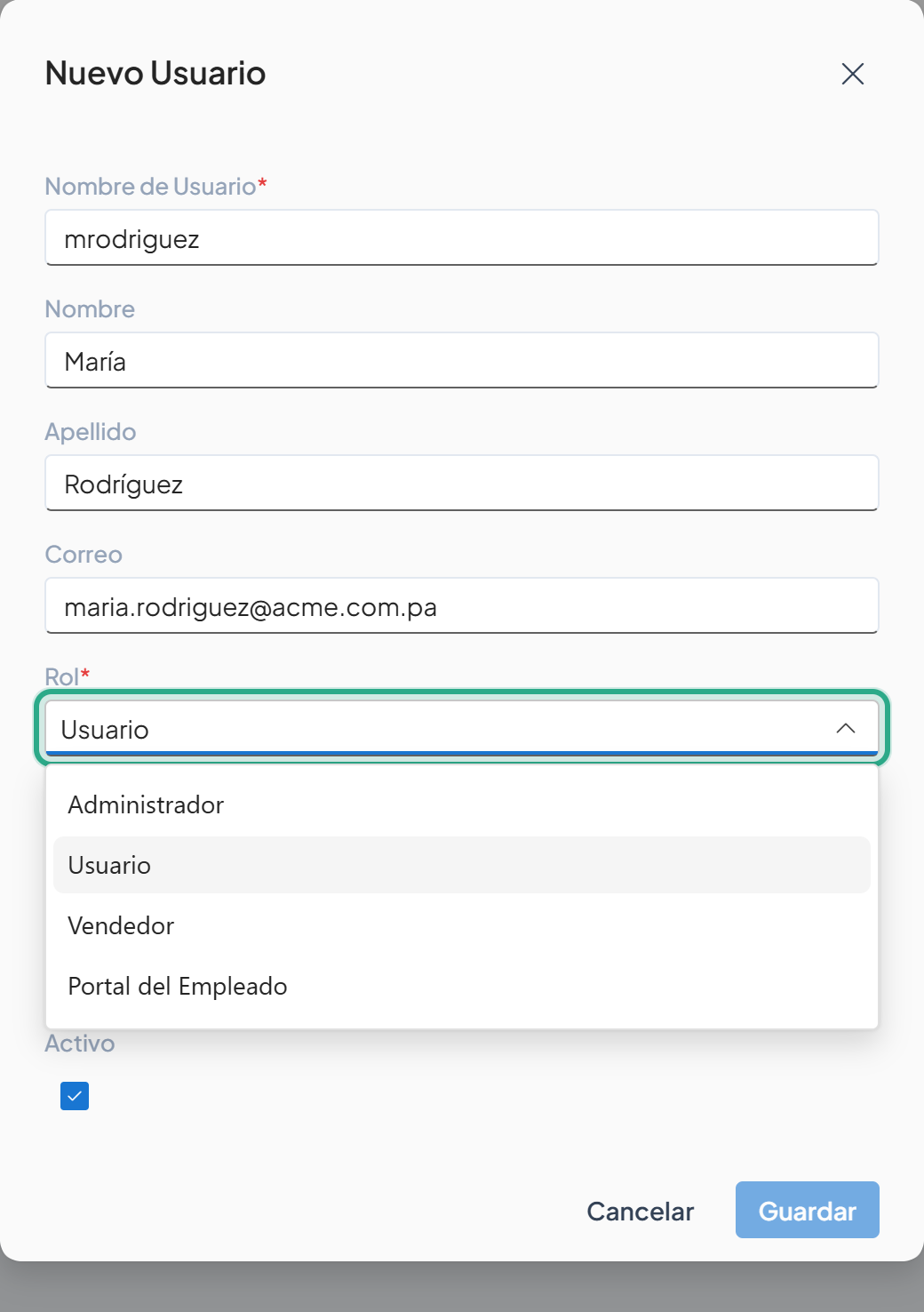 Lista Rol abierta con las opciones Administrador, Usuario, Vendedor y Portal del Empleado