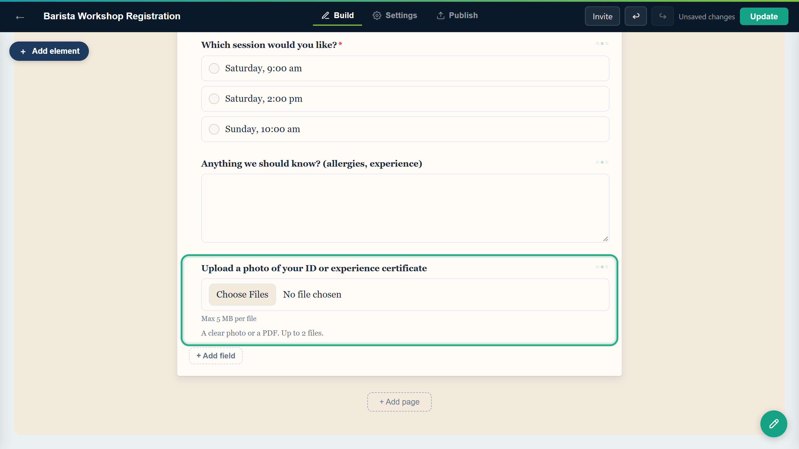 The File upload field on the canvas, outlined, with the Choose Files picker, the hint Max 5 MB per file and the help text
