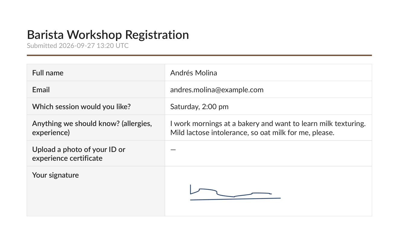 The attached PDF in the Classic layout: Barista Workshop Registration, Submitted 2026-09-27 13:20 UTC, and Andrés's answers with his signature