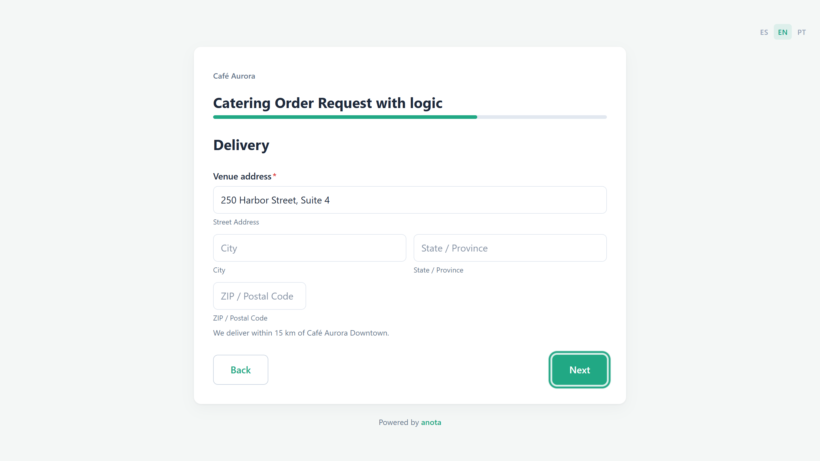 The Delivery page with the street address of the venue filled in and the Next button outlined
