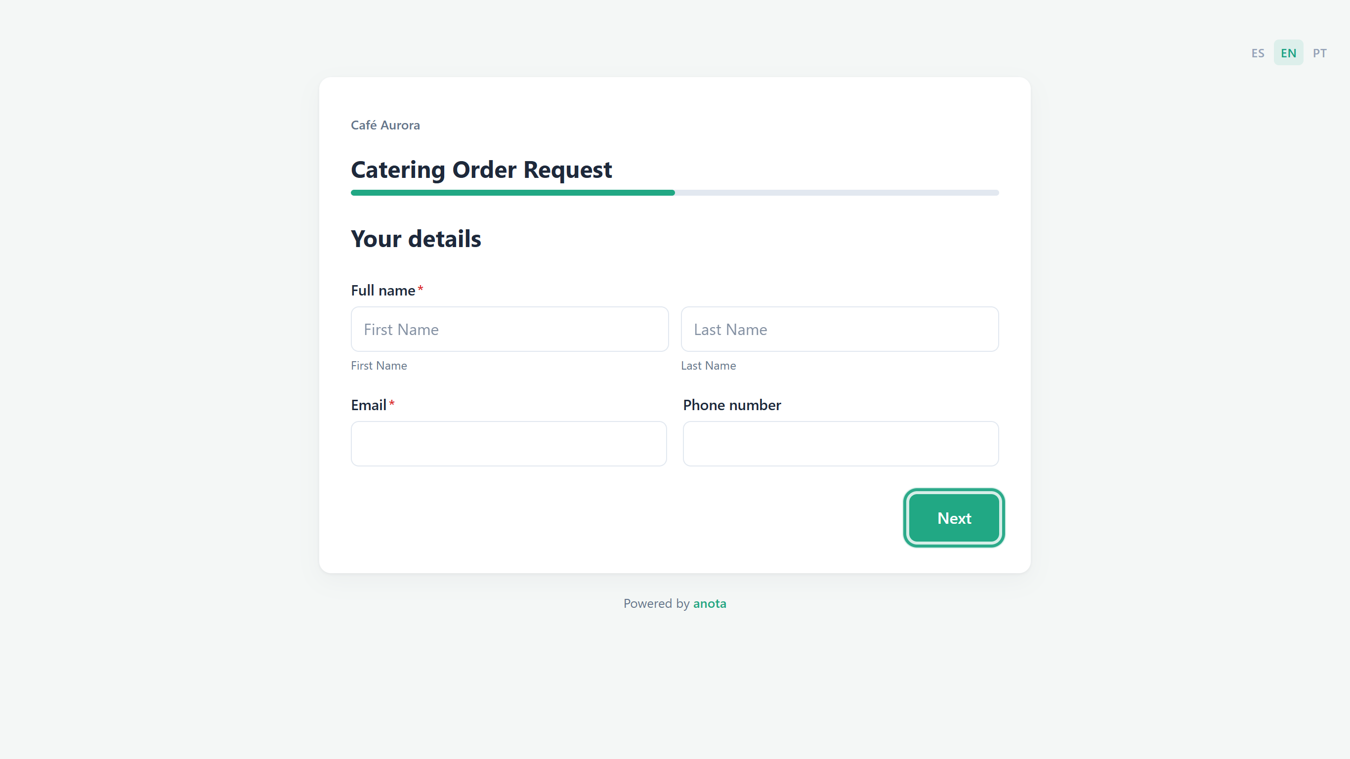 Page 1, Your details, of the Catering Order Request form with the progress bar half full under the title and the Next button outlined