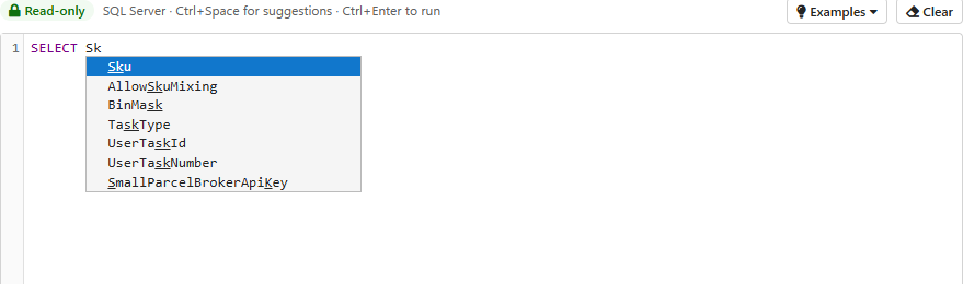 Typing SELECT Sk suggests columns, with Sku first