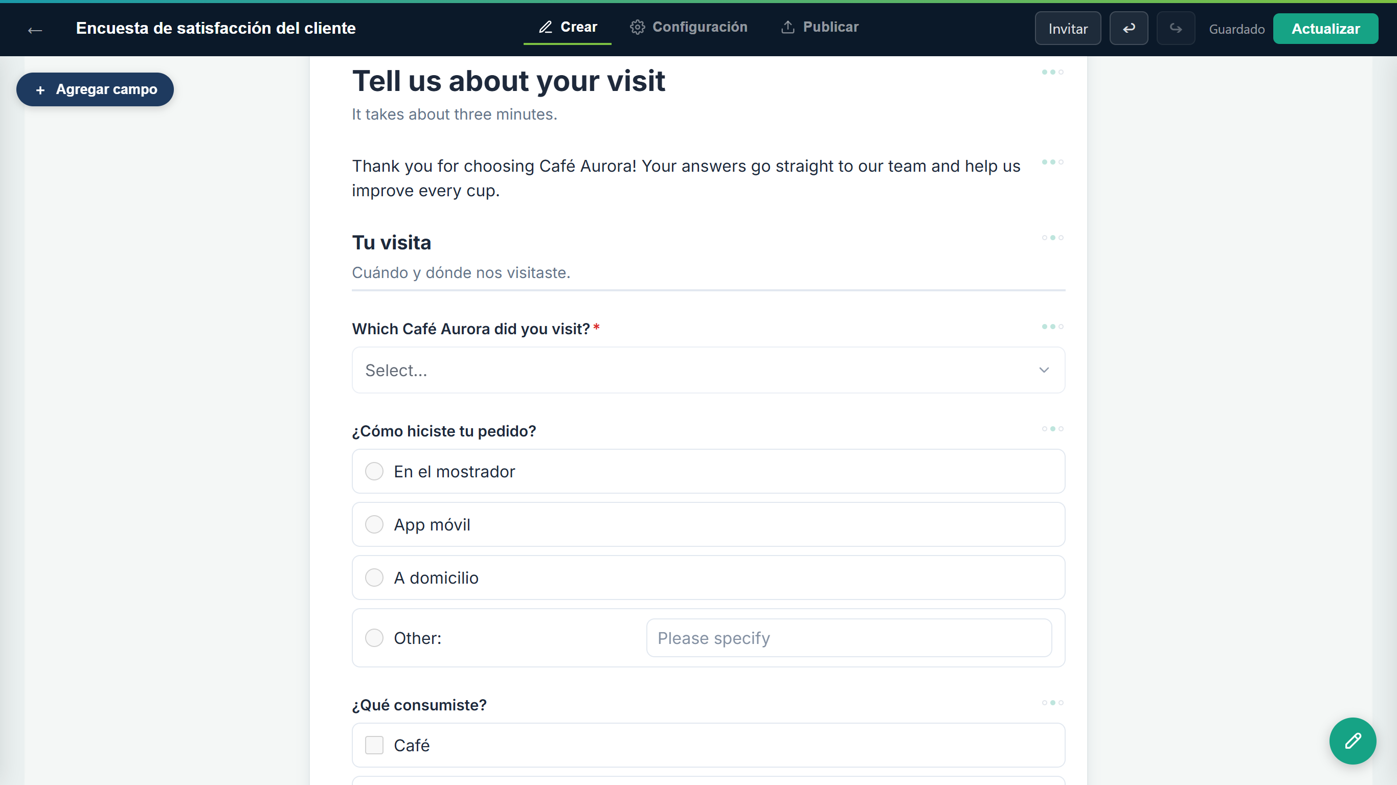 El lienzo después del cambio: el encabezado Tell us about your visit, el párrafo en inglés y la pregunta desplegable en inglés, seguidos de Tu visita y ¿Cómo hiciste tu pedido? todavía en español