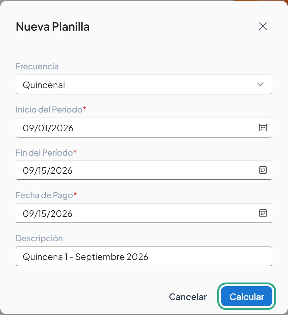 Cuadro Nueva Planilla completo con el botón Calcular resaltado